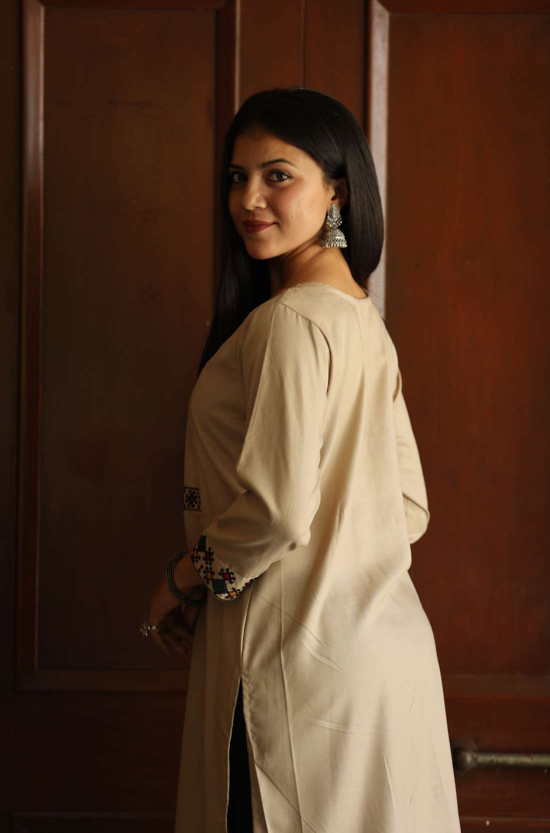 Embroidered Beige Rayon Aline Kurta – Back View