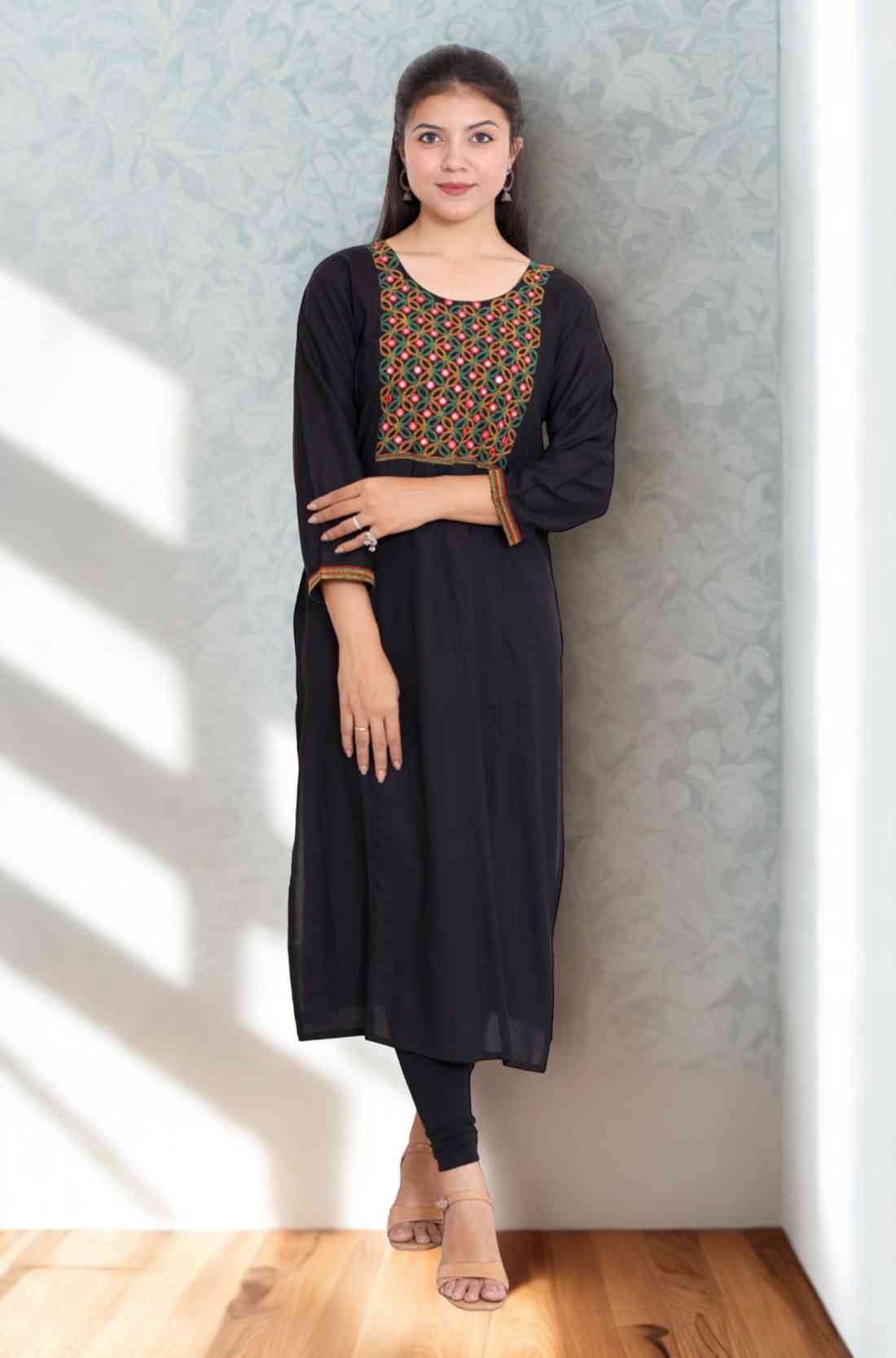 Black Embroidered Rayon Straight Kurta – Front View