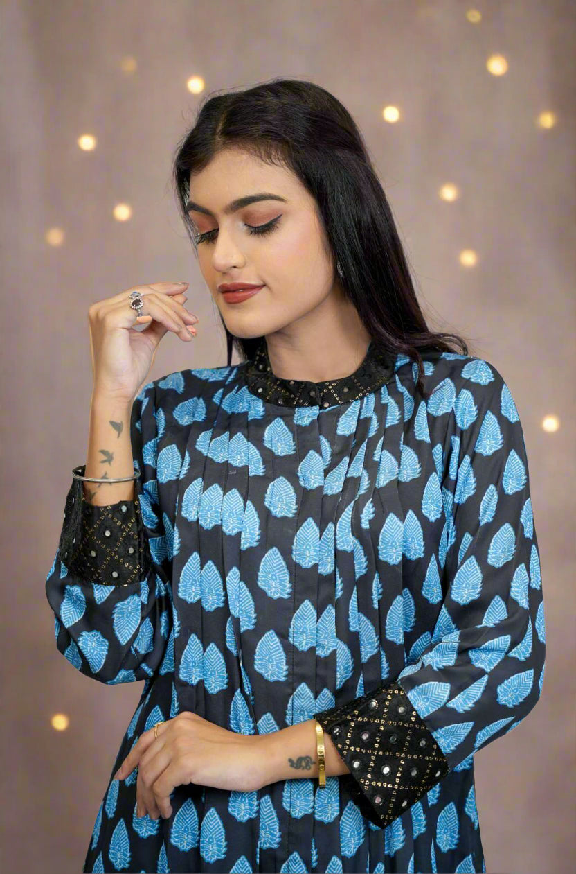 Black blue printed modal silk A line kurta – Close-Up