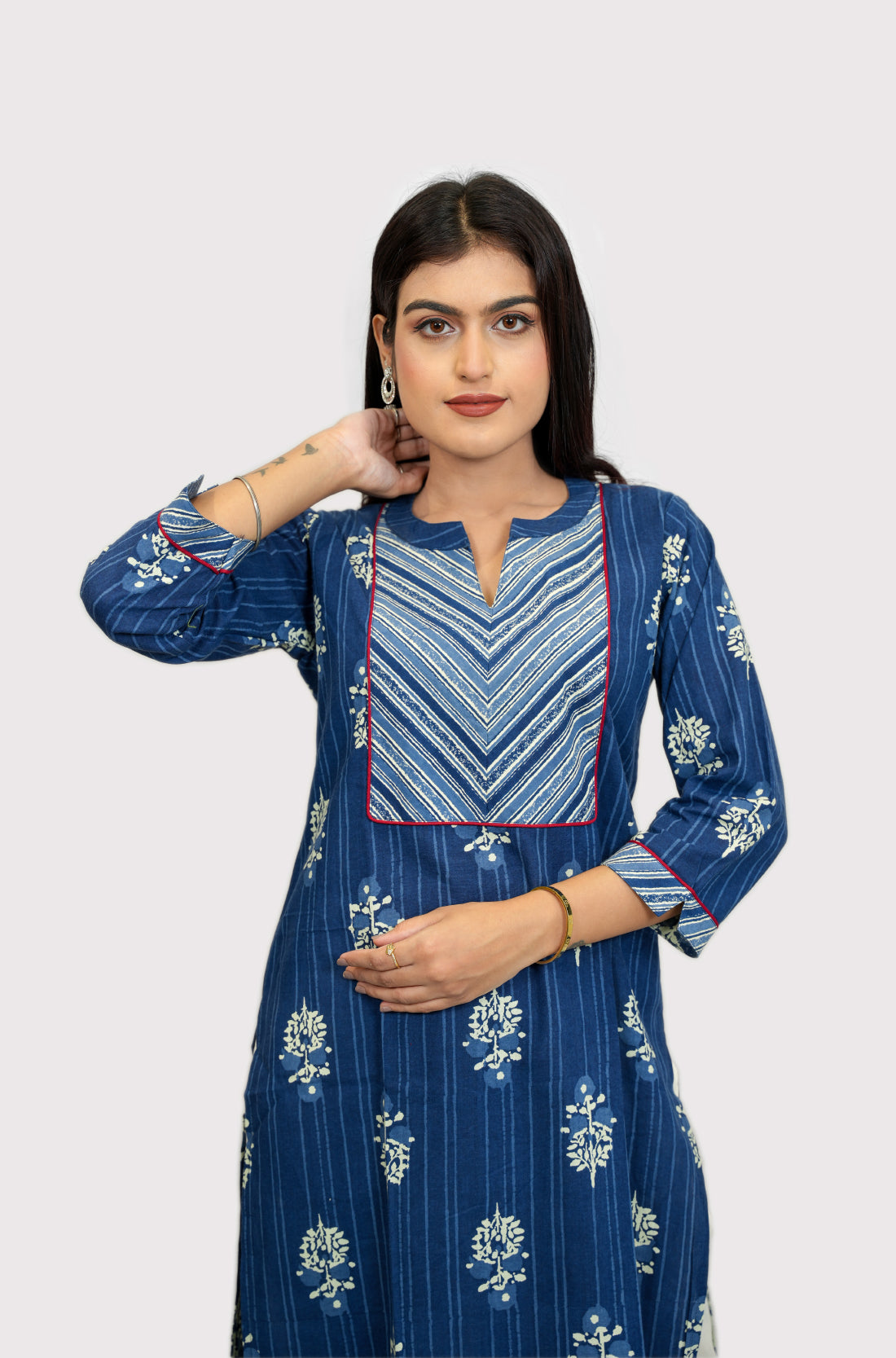 Indigo block printed pure cotton straight kurta for women