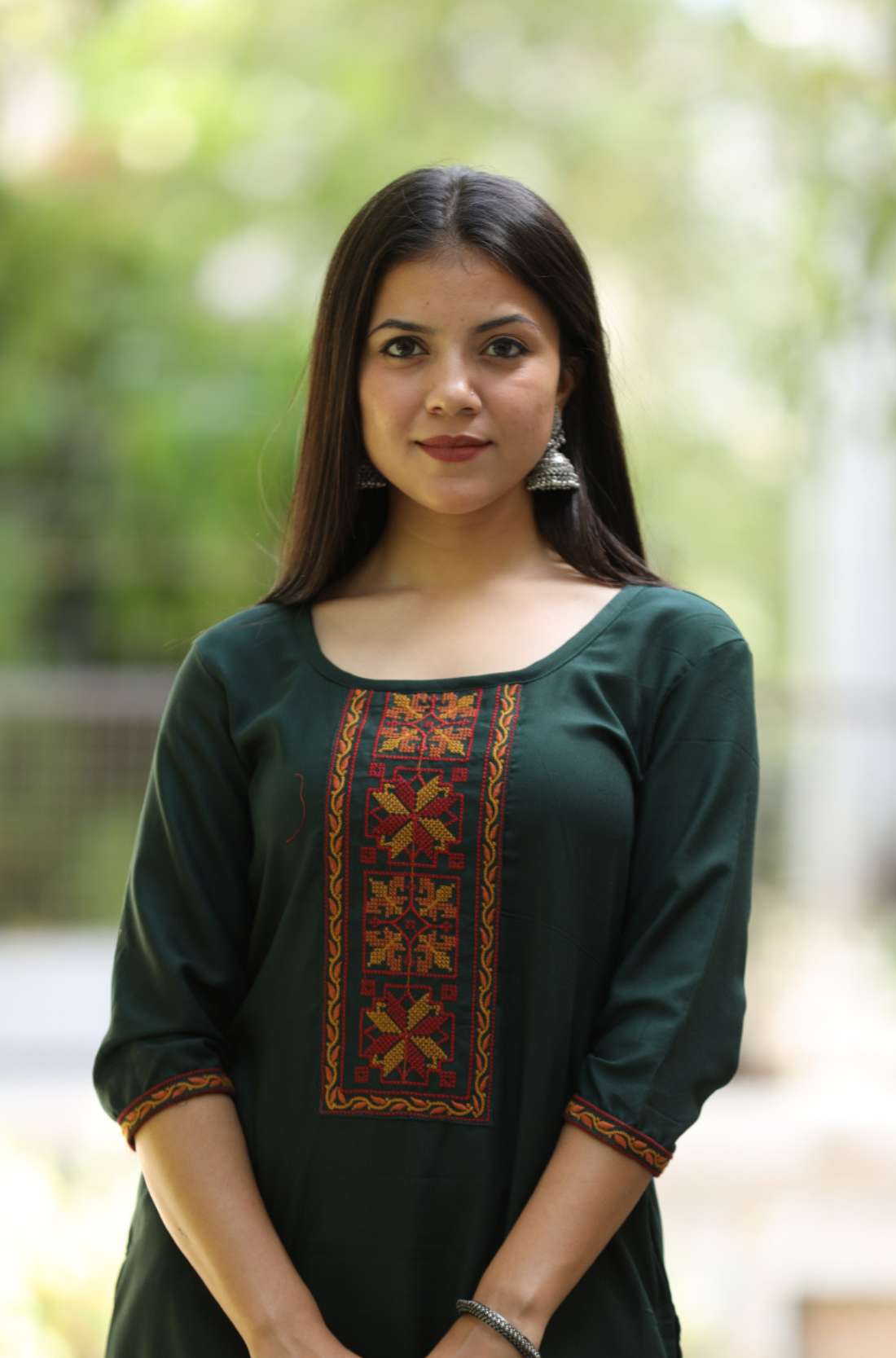 Embroidery Detailing on Bottle Green Kurti β Close-Up View