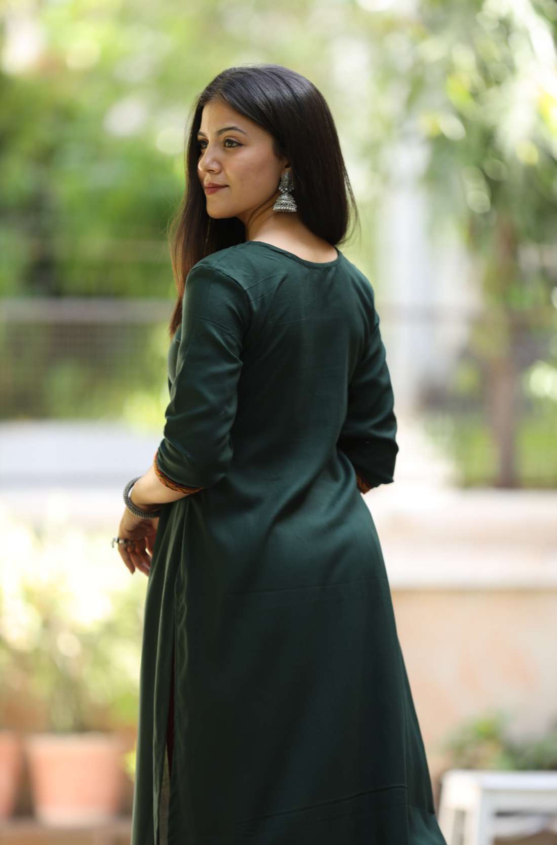 Bottle Green Rayon Embroidered Kurti β Back View