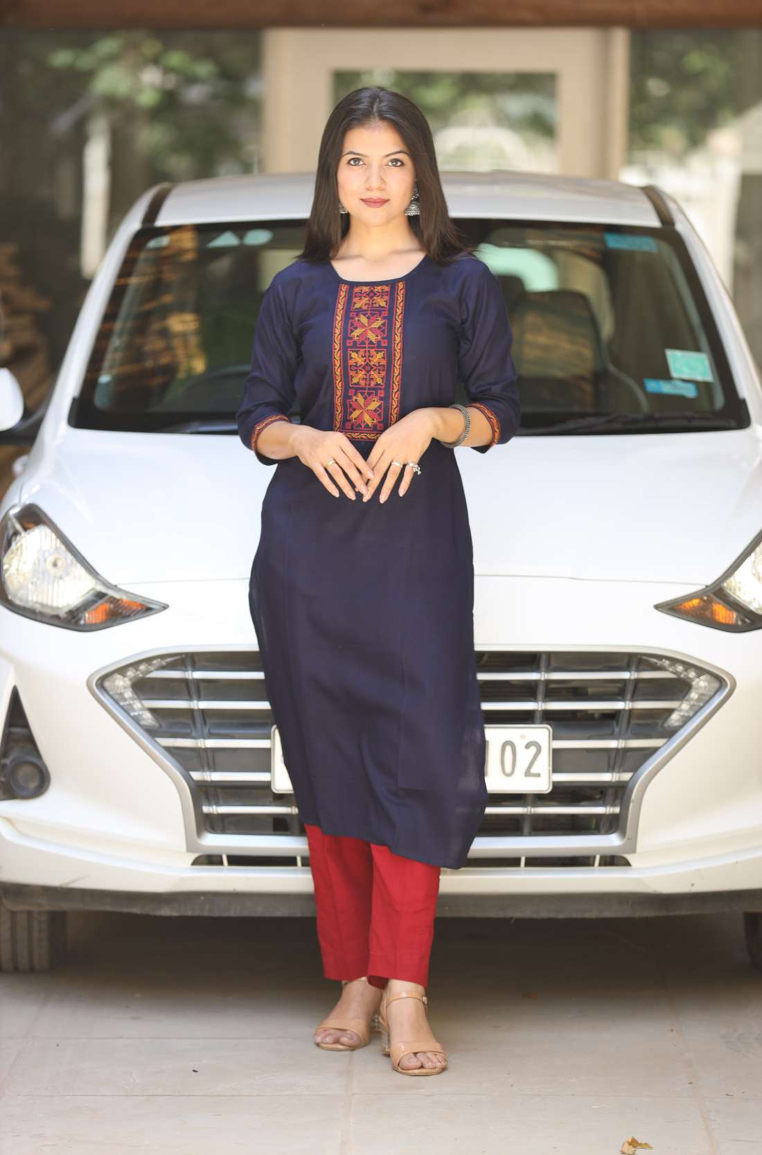Navy Blue Rayon Embroidered Straight Kurti β Front View