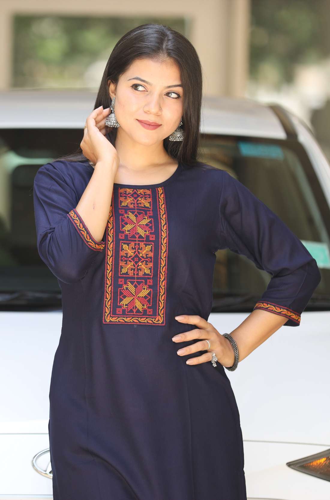 Embroidery Detailing on Navy Blue Kurti β Close-Up View