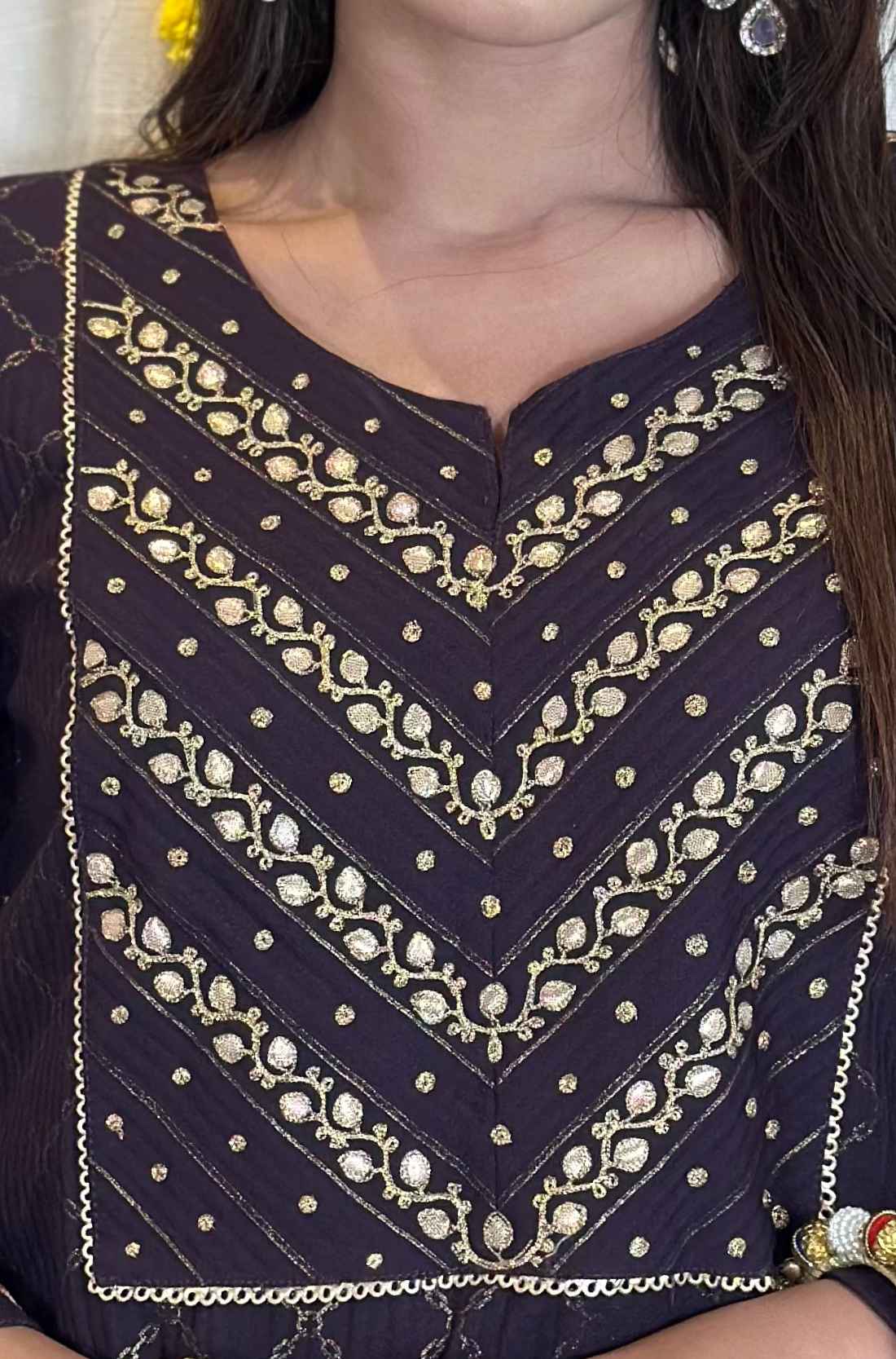 Crepe Hand Embroidered Suit – Close-Up of Neck Embroidery