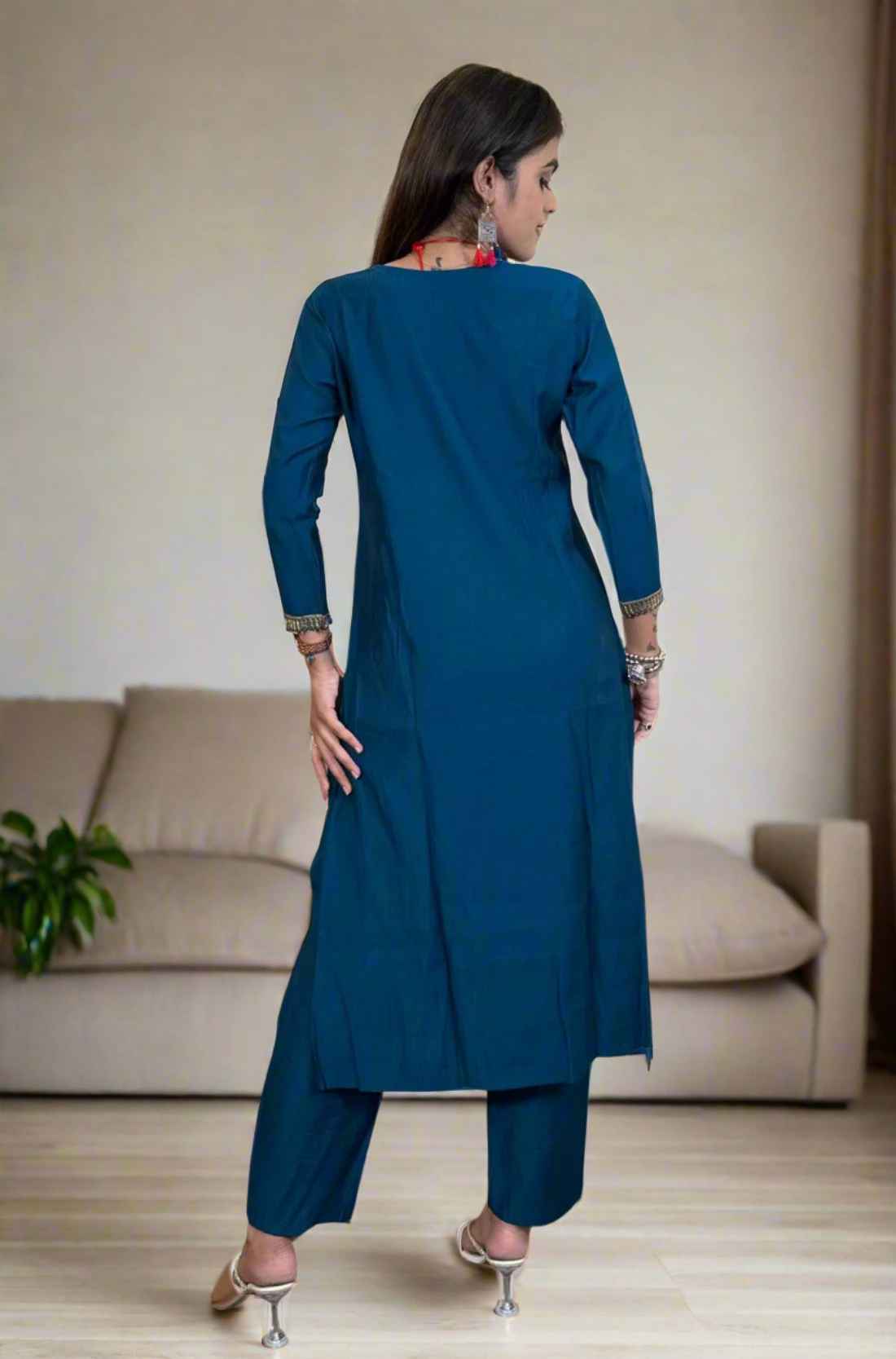 Back-side View β Mirror hand work berlin silk dark blue Aline Kurta