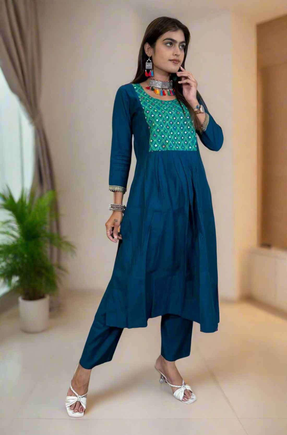 Full Front View β Mirror hand work berlin silk dark blue Aline Kurta