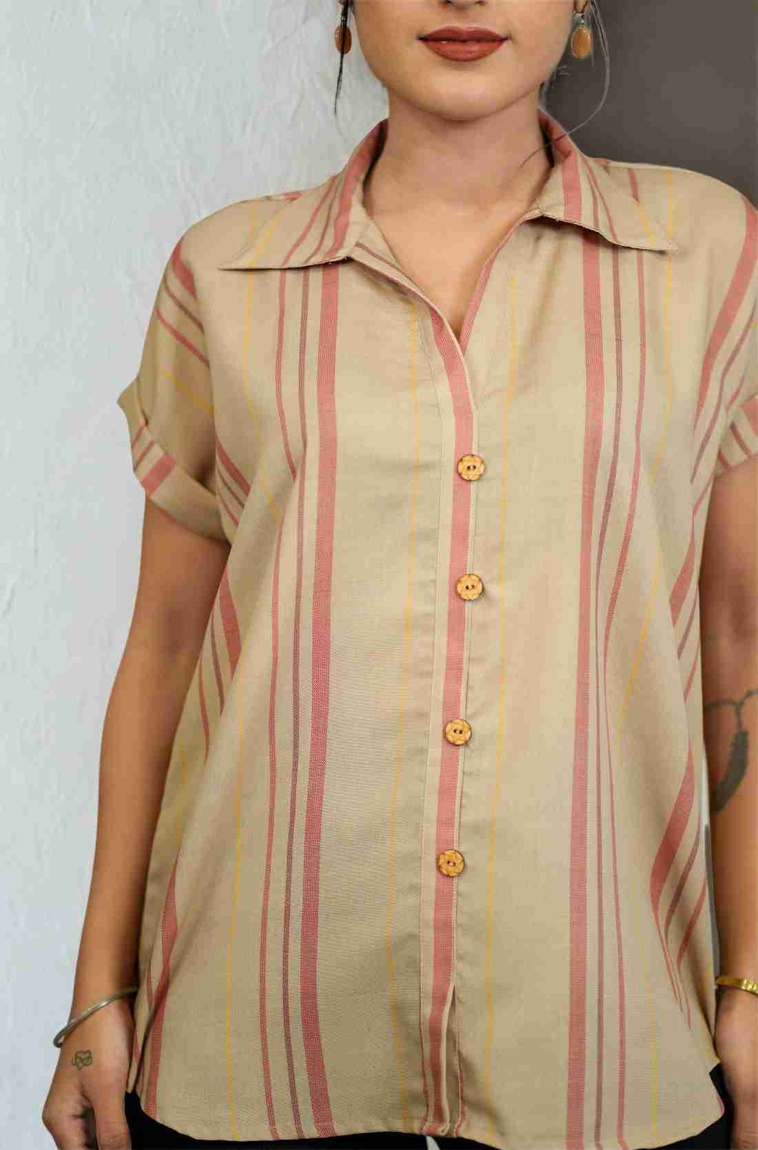 Beige Striped Rayon Shirt – Close-up View