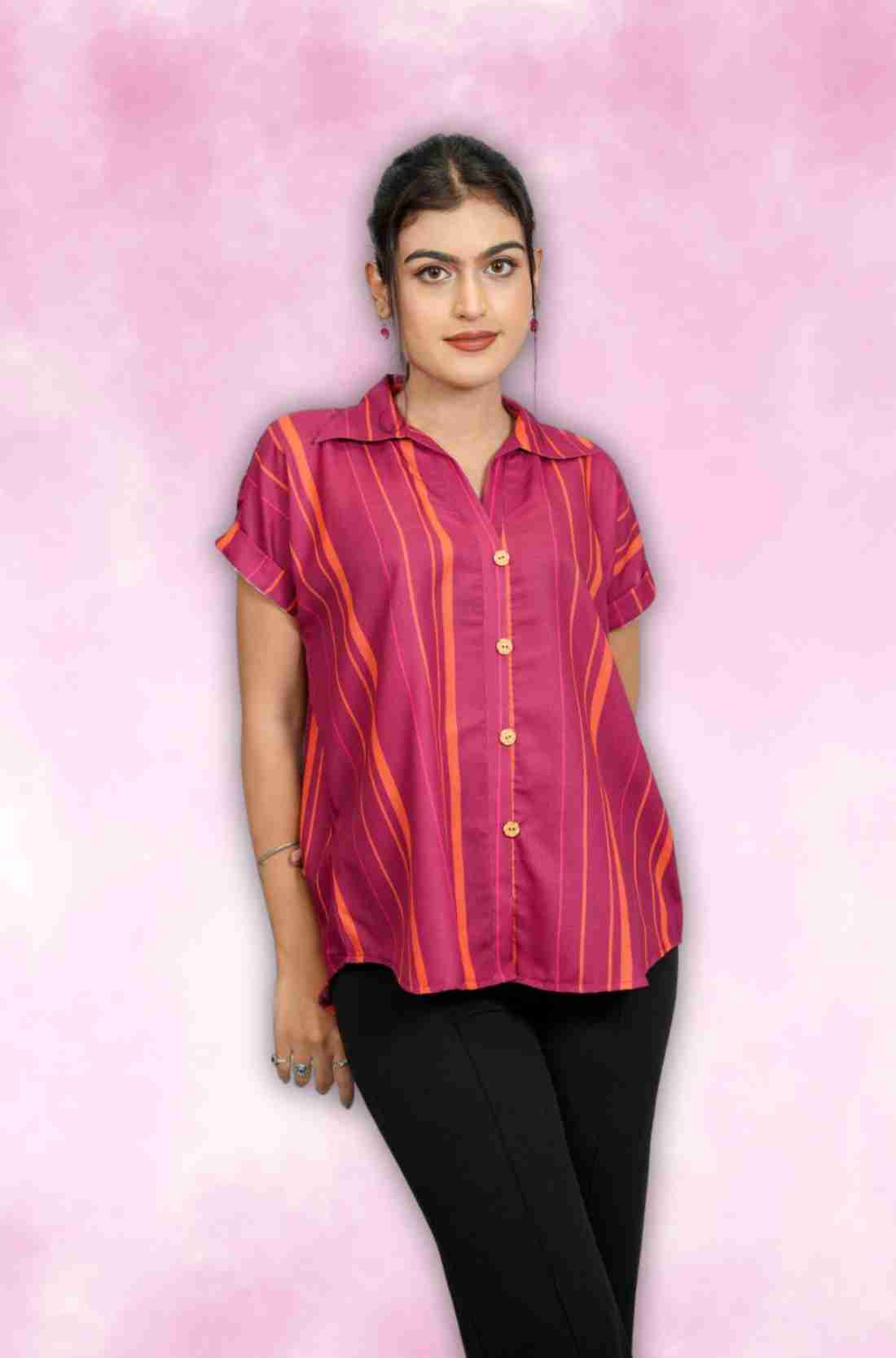 Dark Pink Striped Rayon Shirt for Women – Front View