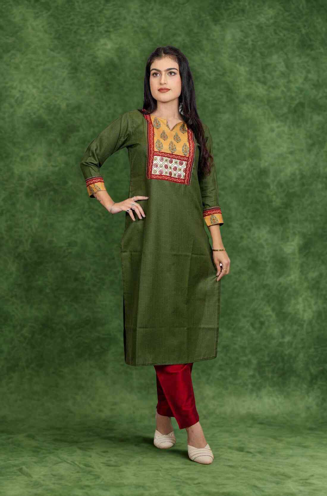 Dark Green Embroidered Cotton Straight Kurta β Front View