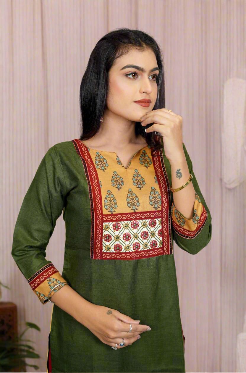 Dark green Embroidery and Hand Block Print Kurta β Close-Up