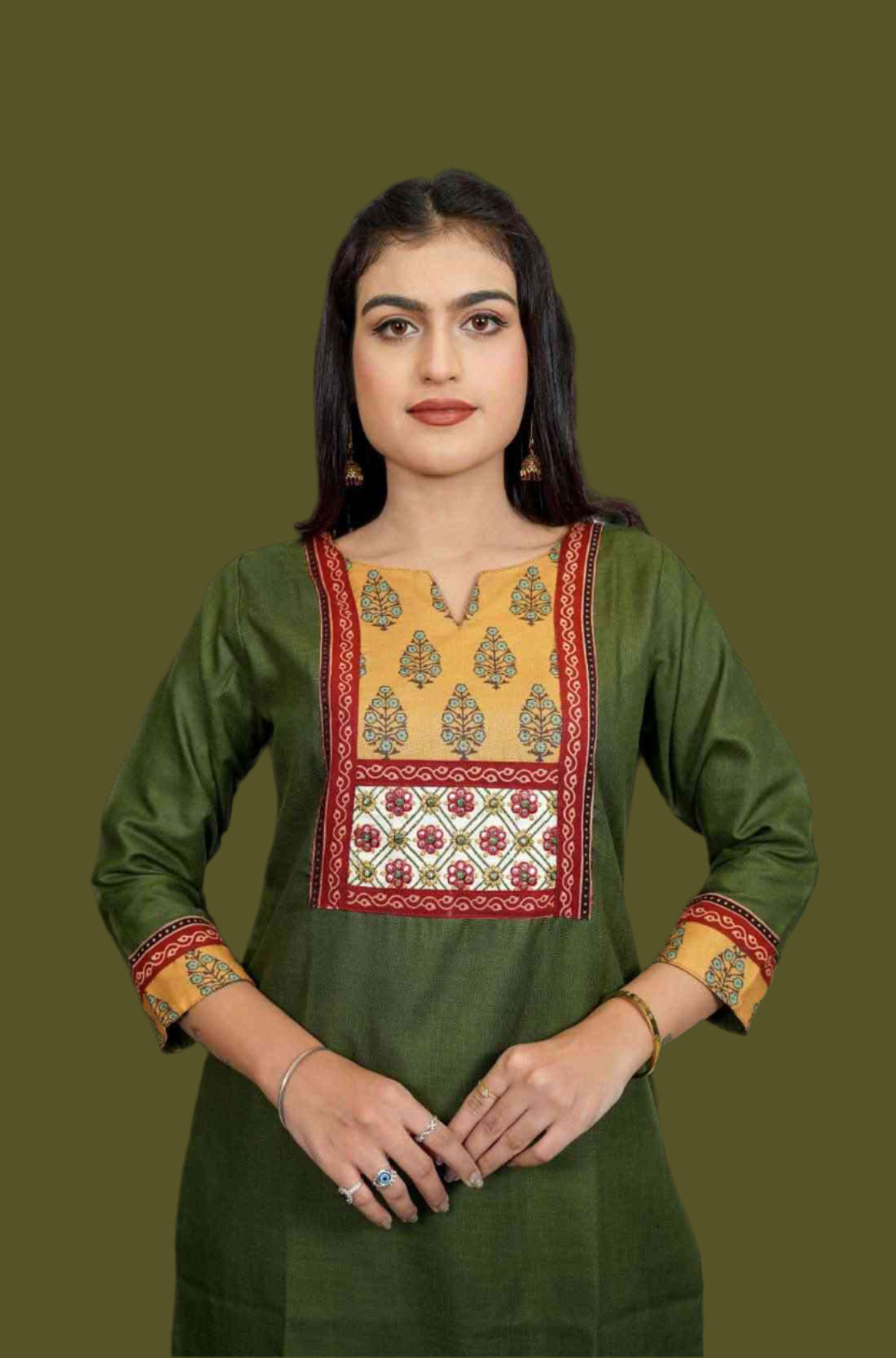 Dark Green Embroidered Cotton Straight Kurta β Print Detailing