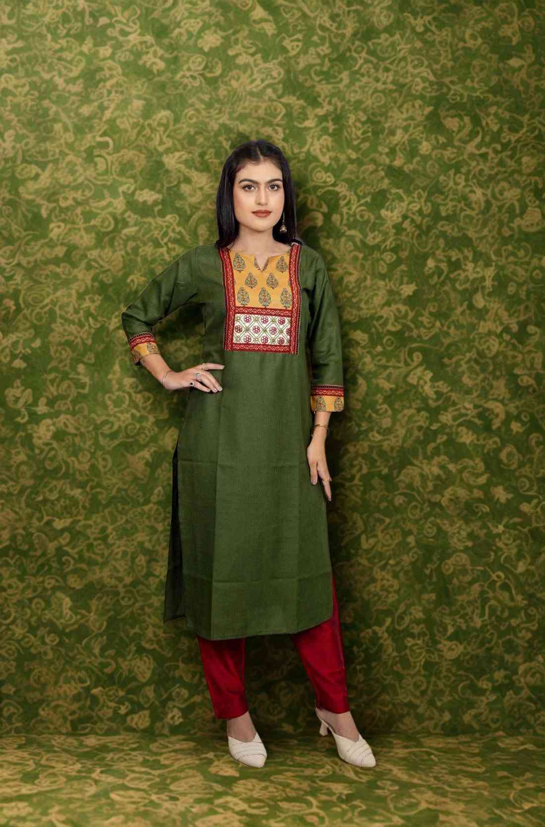 Dark Green Embroidered Cotton Straight Kurta β Styled Look