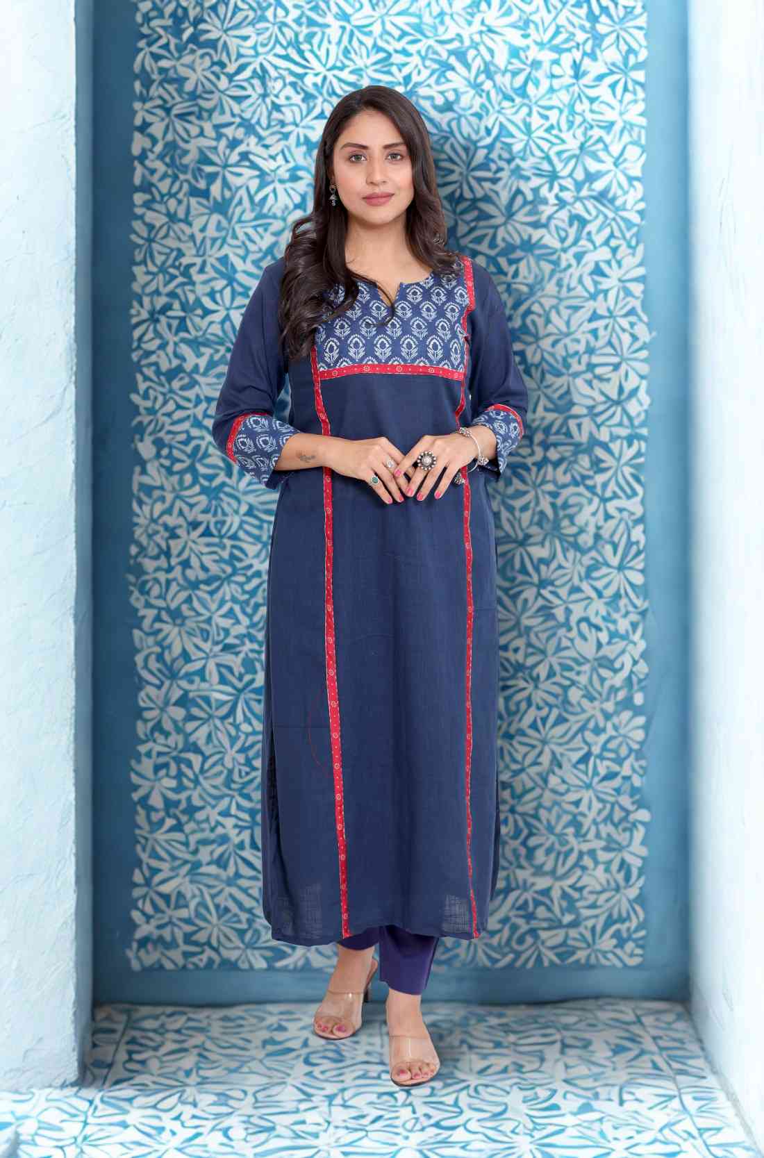Indigo pure cotton straight kurta β Full-Length View