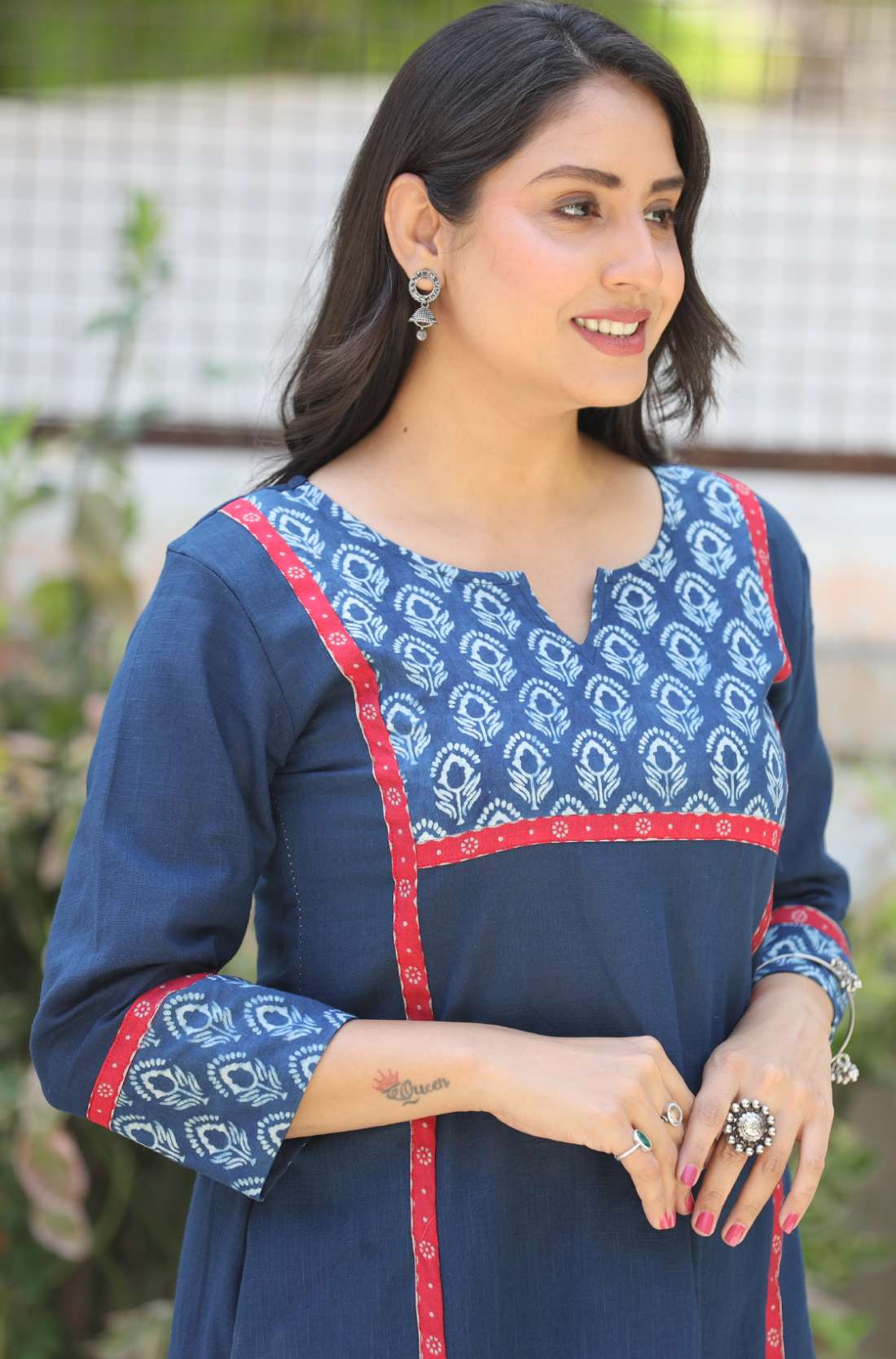 Hand Block Print Detailing on Indigo Kurta β Close-Up View