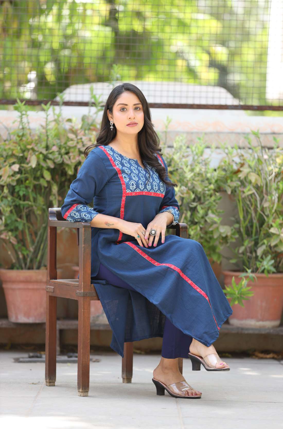 Indigo Cotton Kurta β Sitting Pose View