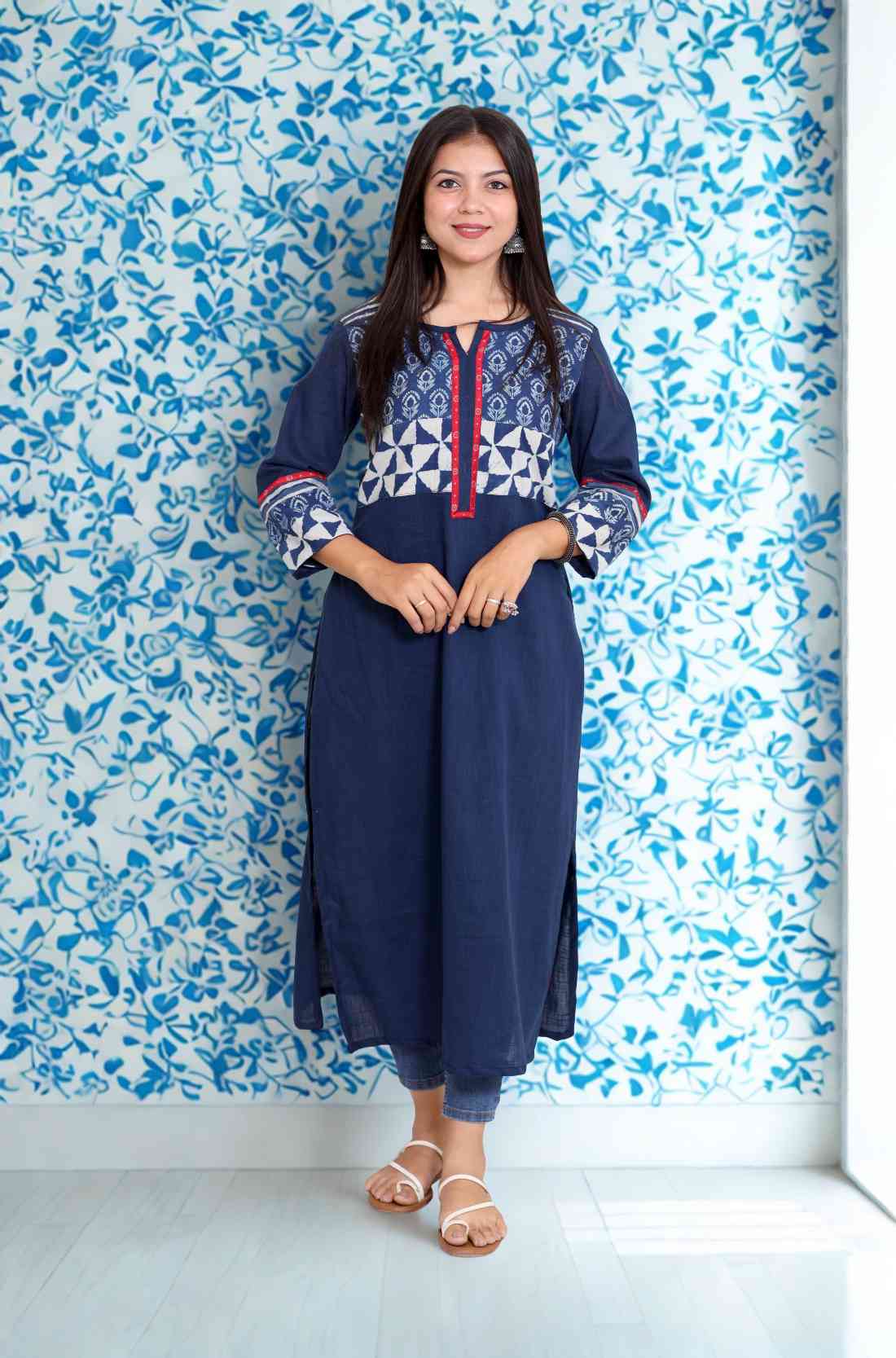 Indigo Pure Cotton Kurti with 3/4 Sleeves β Full-Length View