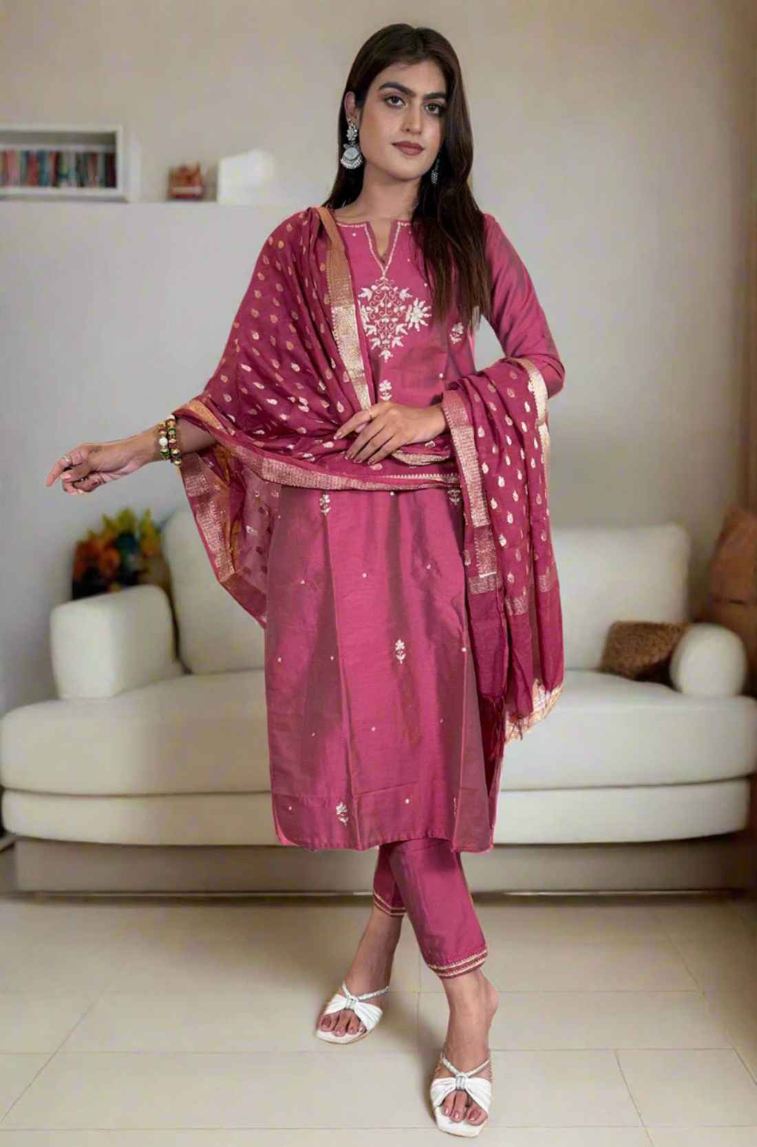 Front View β Magenta Silk Kurta Set