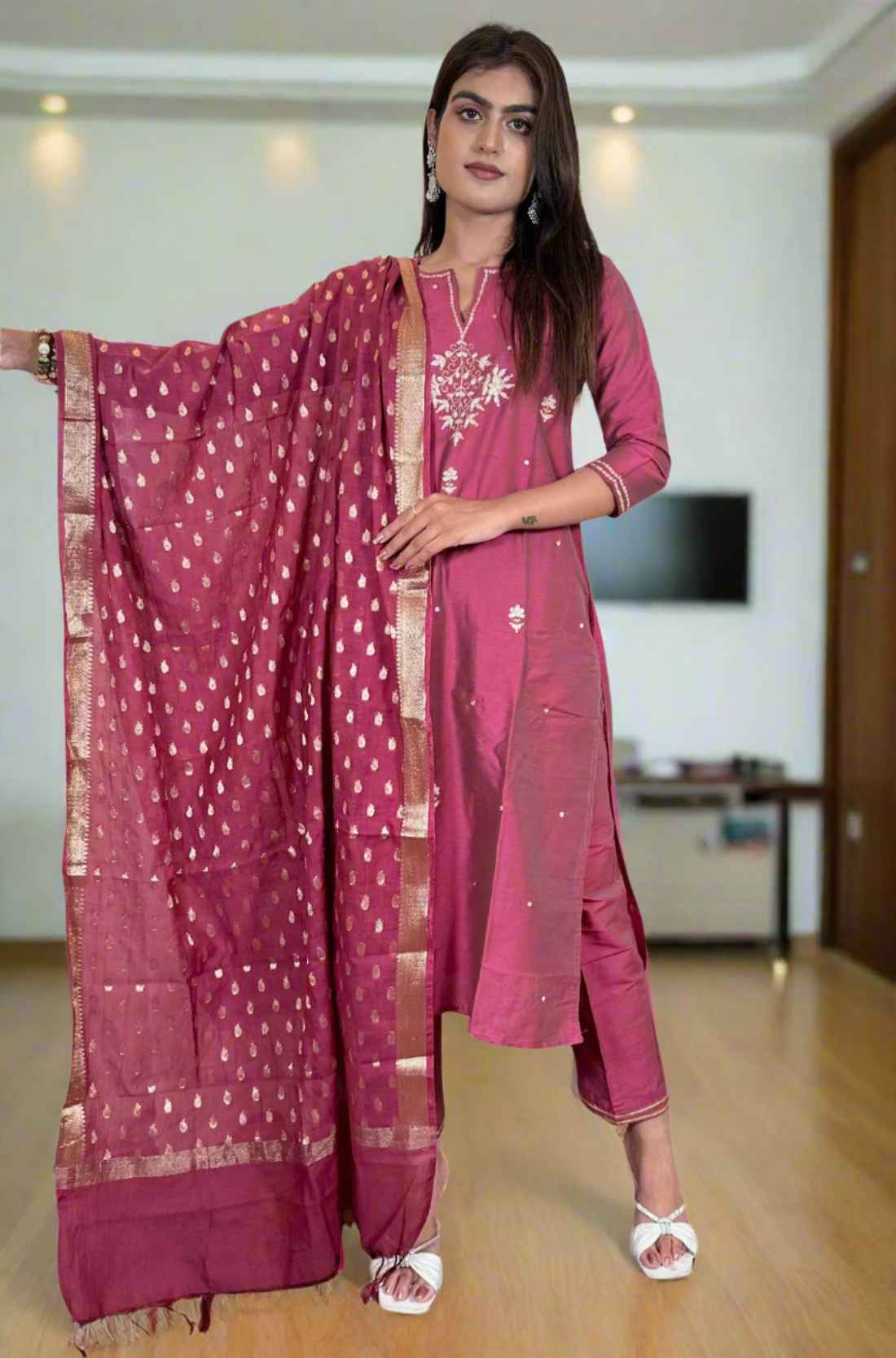 Full Front View with Dupatta and Heels β Magenta Silk Kurta Set