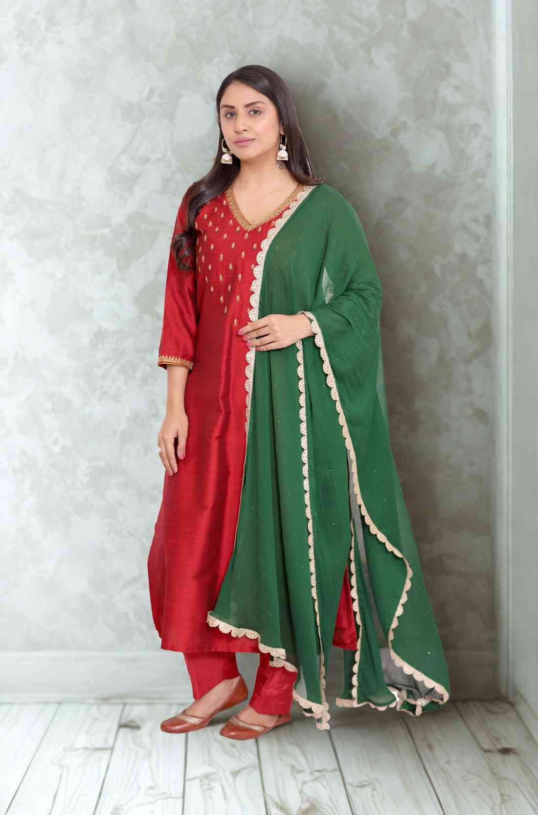 Soft and Luxurious Maroon Silk Kurta Set β Full Length View