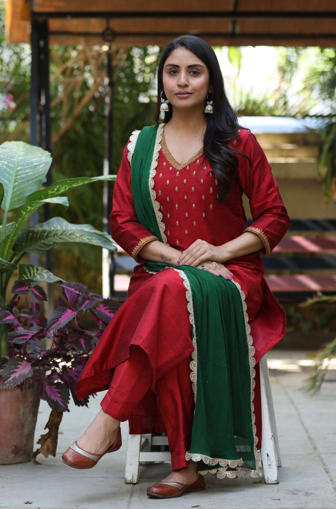 Maroon hand embroidered silk kurta Set β Sitting Pose View