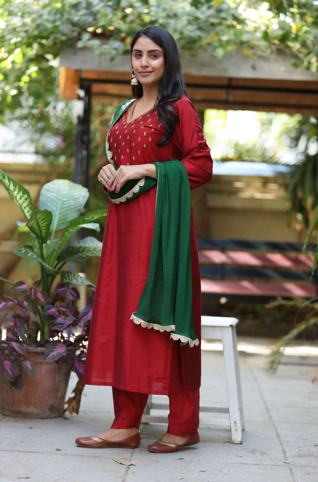 Maroon Hand Embroidered Kurta Set with Dupatta β Front View