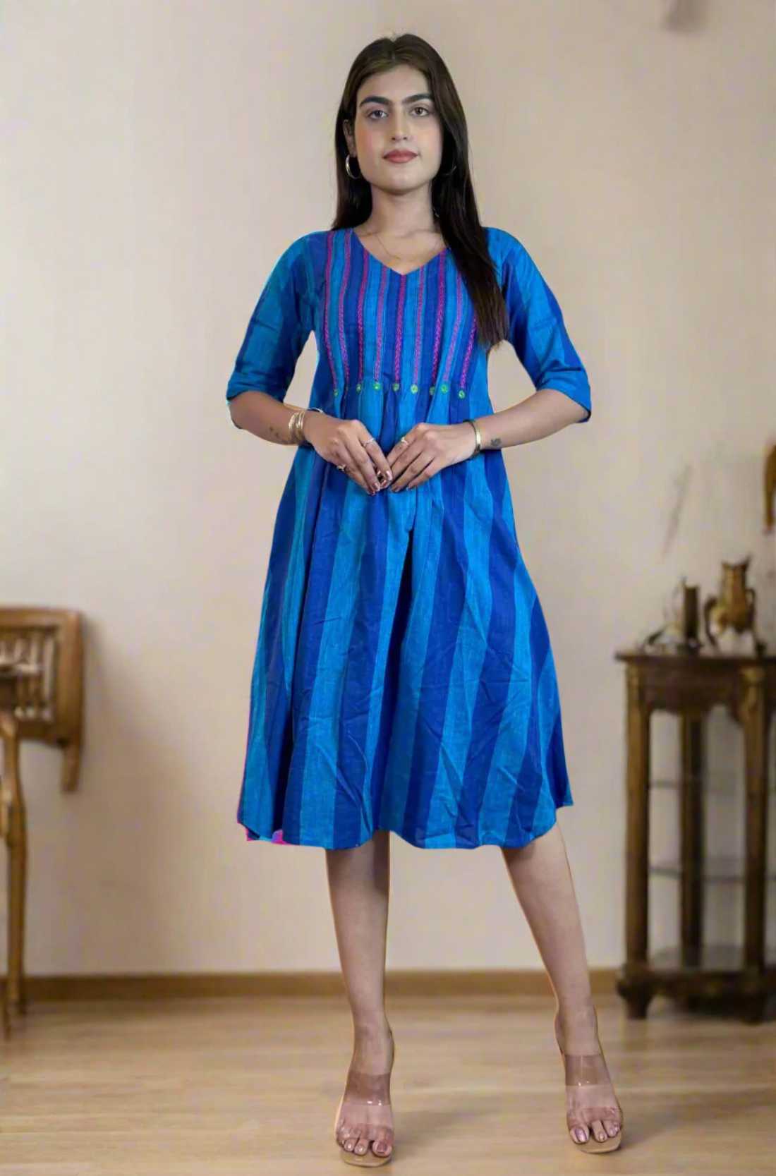 Blue tunic frock with Mirror Handwork β Full Front View