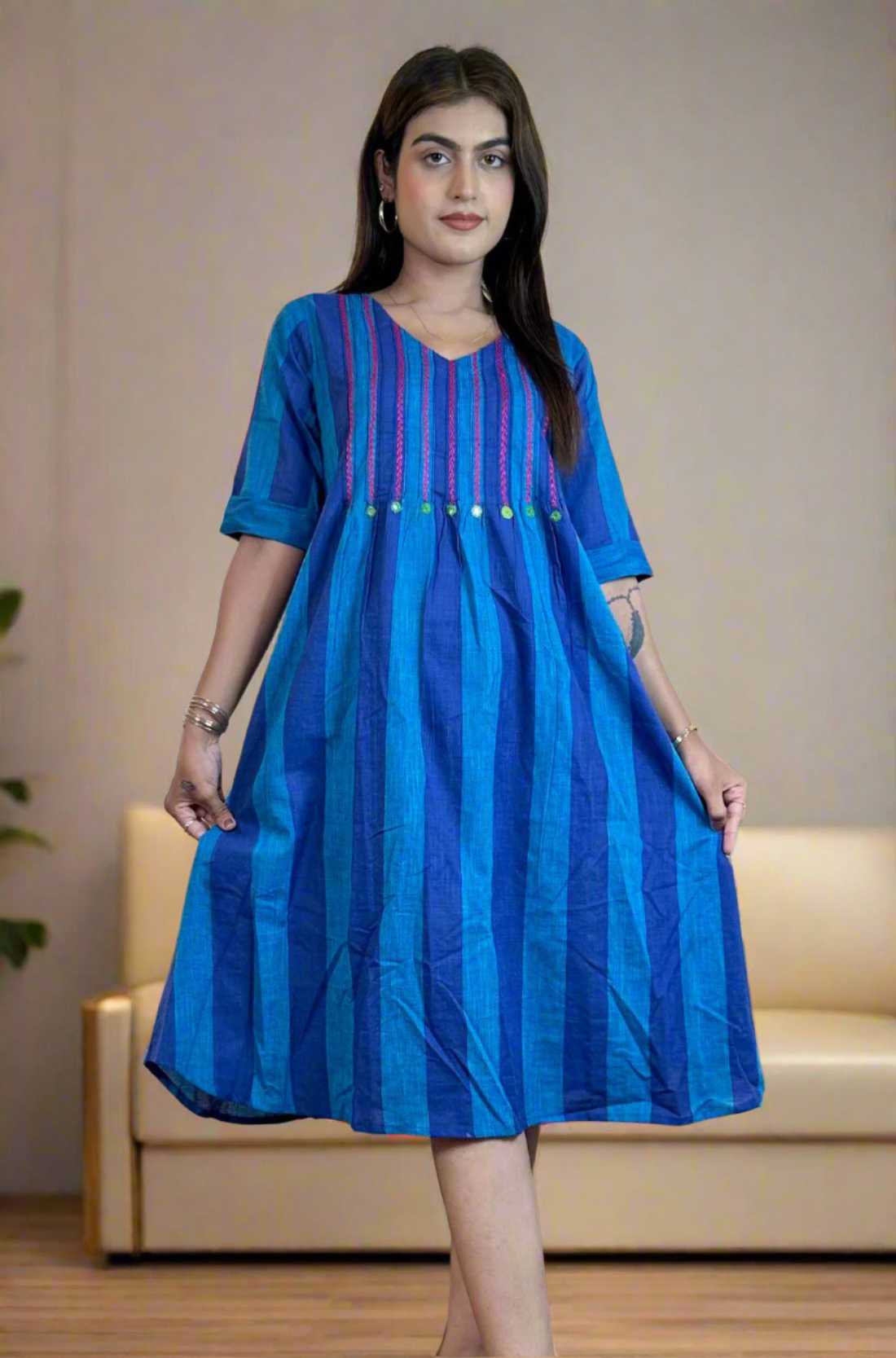 Blue Pintucks Tunic Frock β Flared Hem View