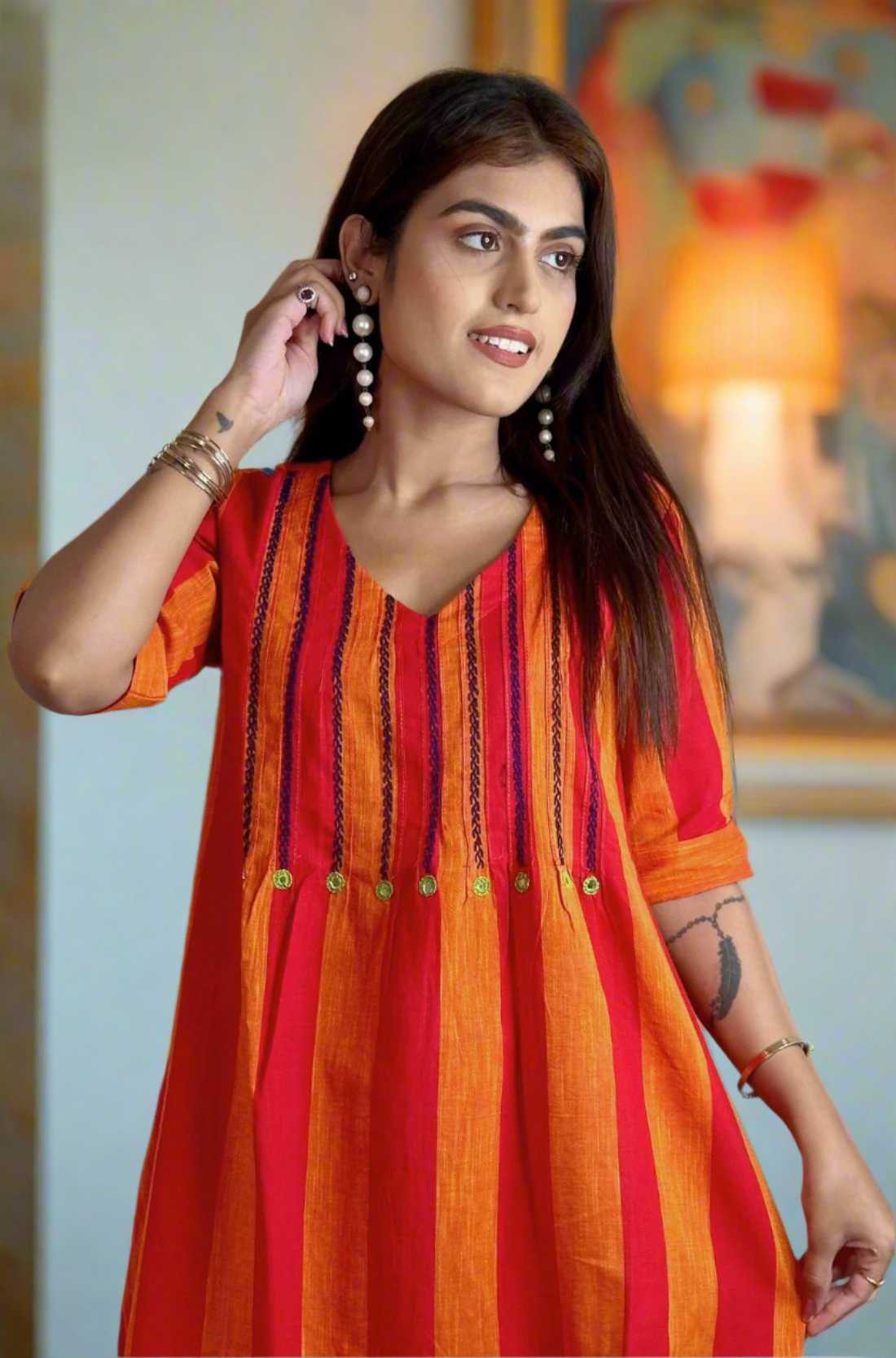 Orange Pintucks Tunic Frock β Close-Up View