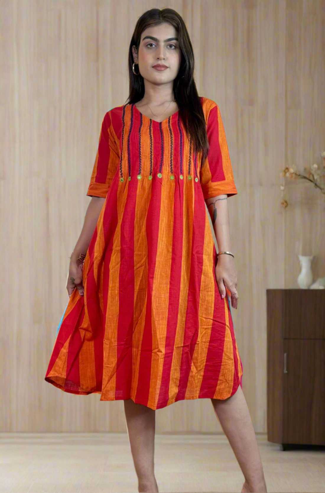 Orange tunic frock with Mirror Handwork β Full Front View