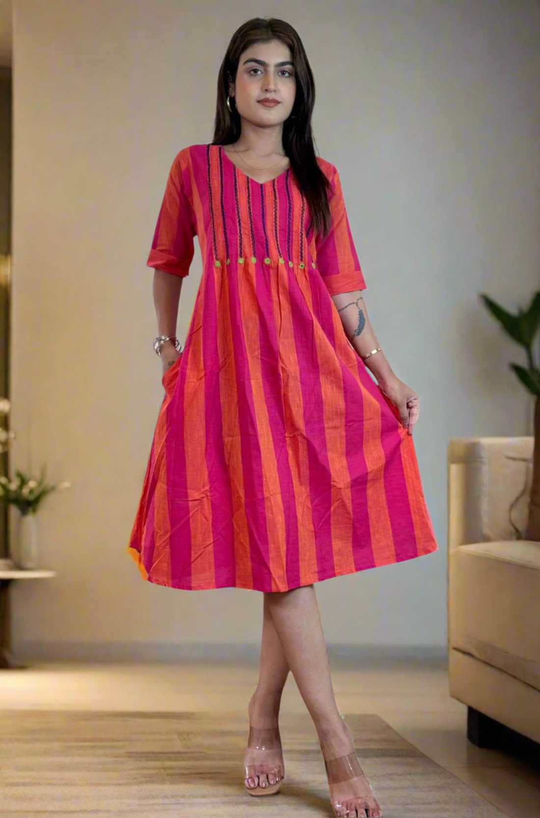 Pink tunic frock with Mirror Handwork β Full Front View
