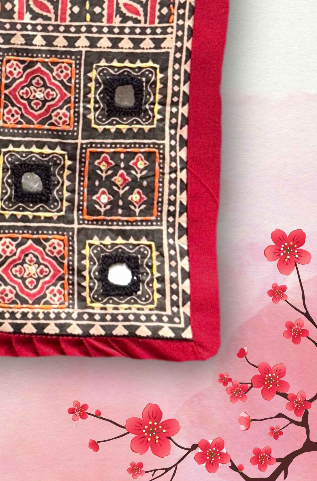 Red Unstitched Kurti Material β Embroidary Mirror Work Close-Up