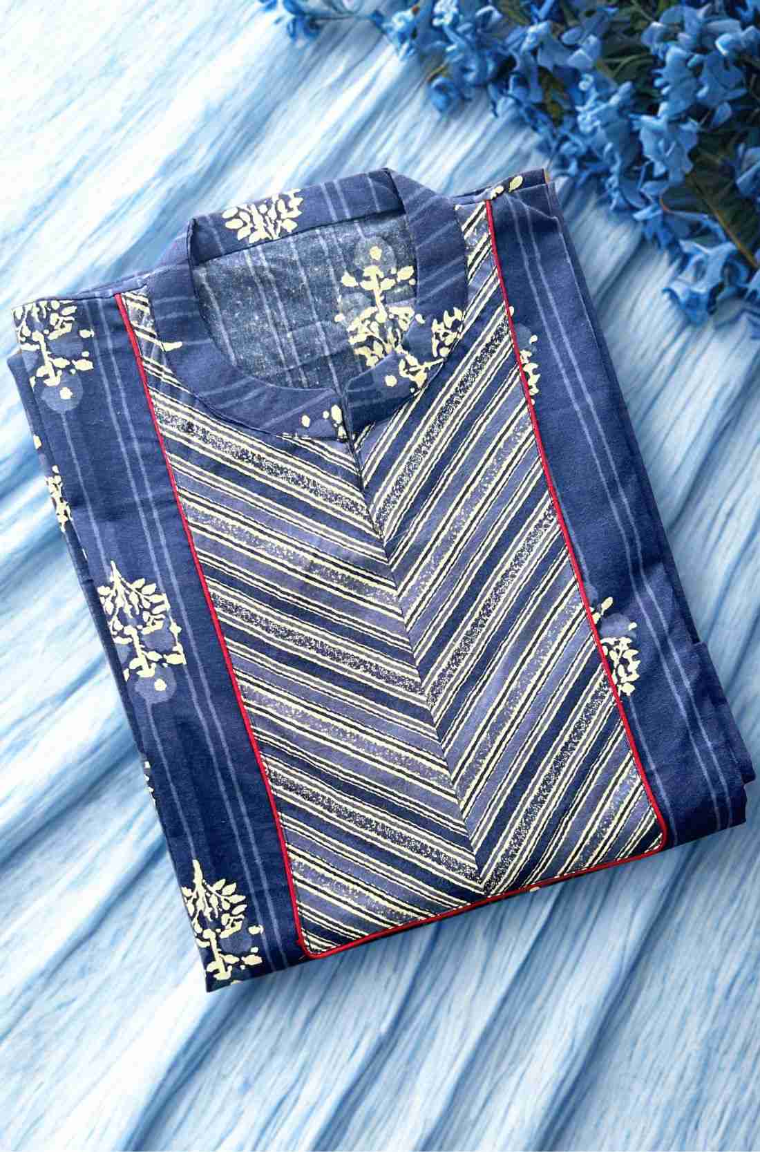 Indigo block printed pure cotton straight kurta Unstitched