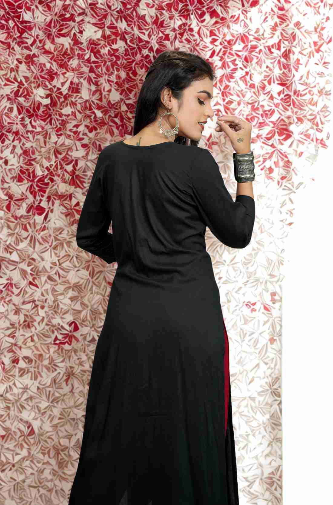 Black Rayon Hand Embroidered Aline Kurta – Back View