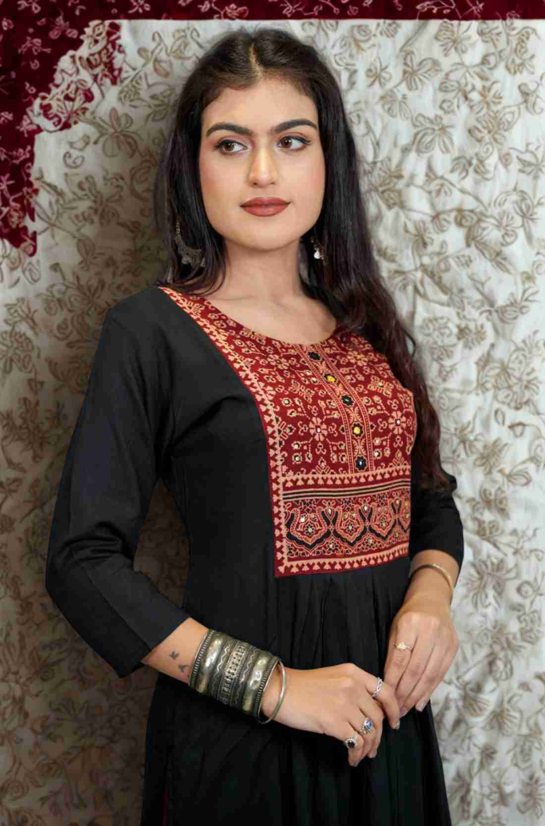 Black Rayon Hand Embroidered Block Printed Aline Kurta β Front View