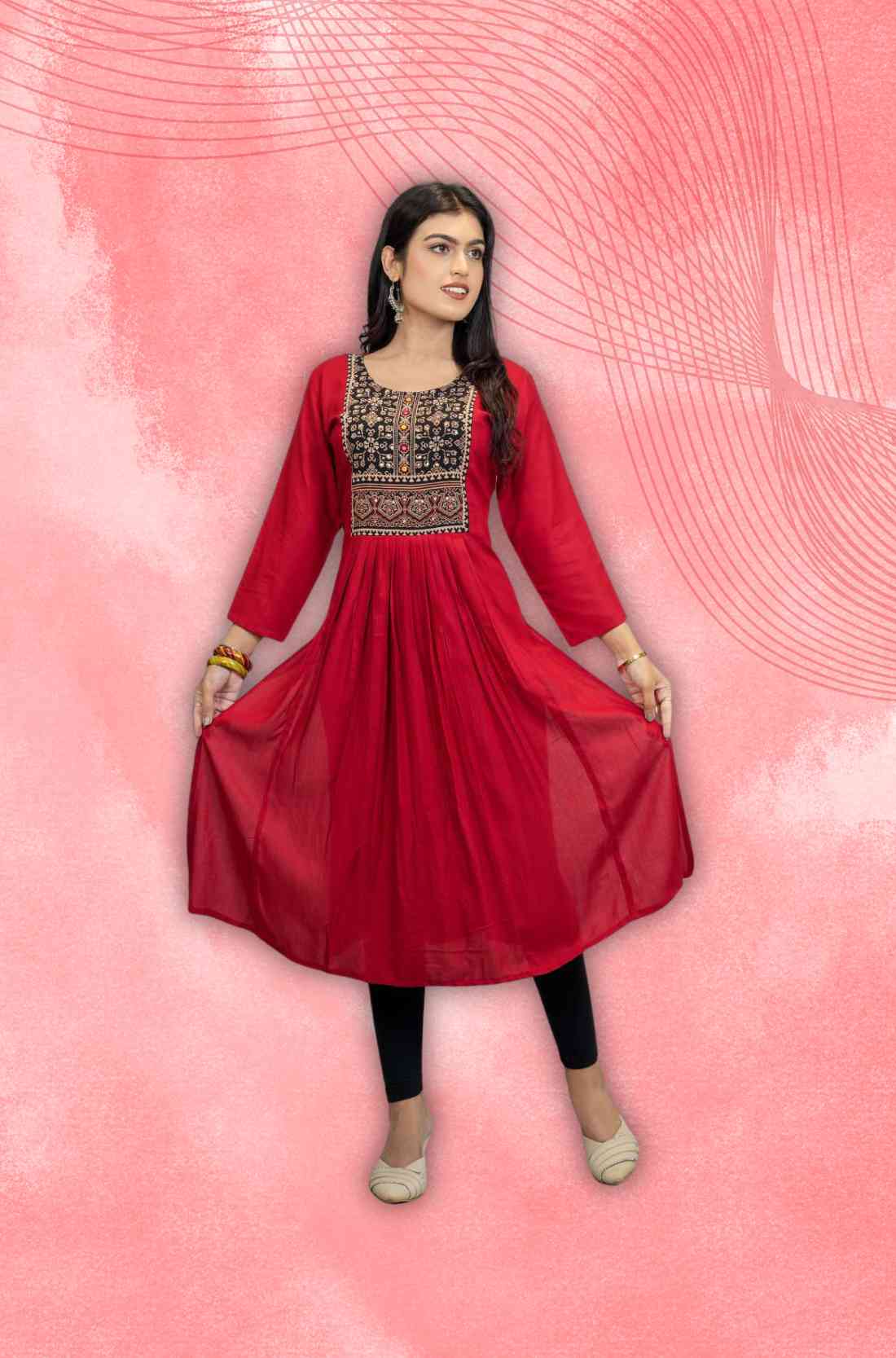 Red Rayon Aline Kurta β Flared Hem View