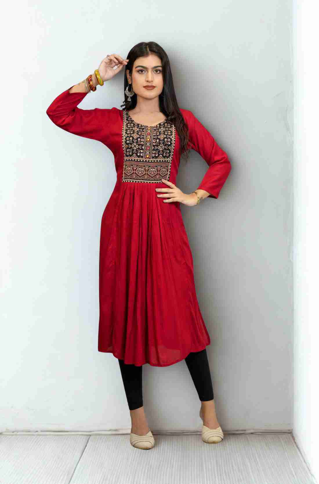 Red Rayon Hand Embroidered Block Printed Kurta β Front View