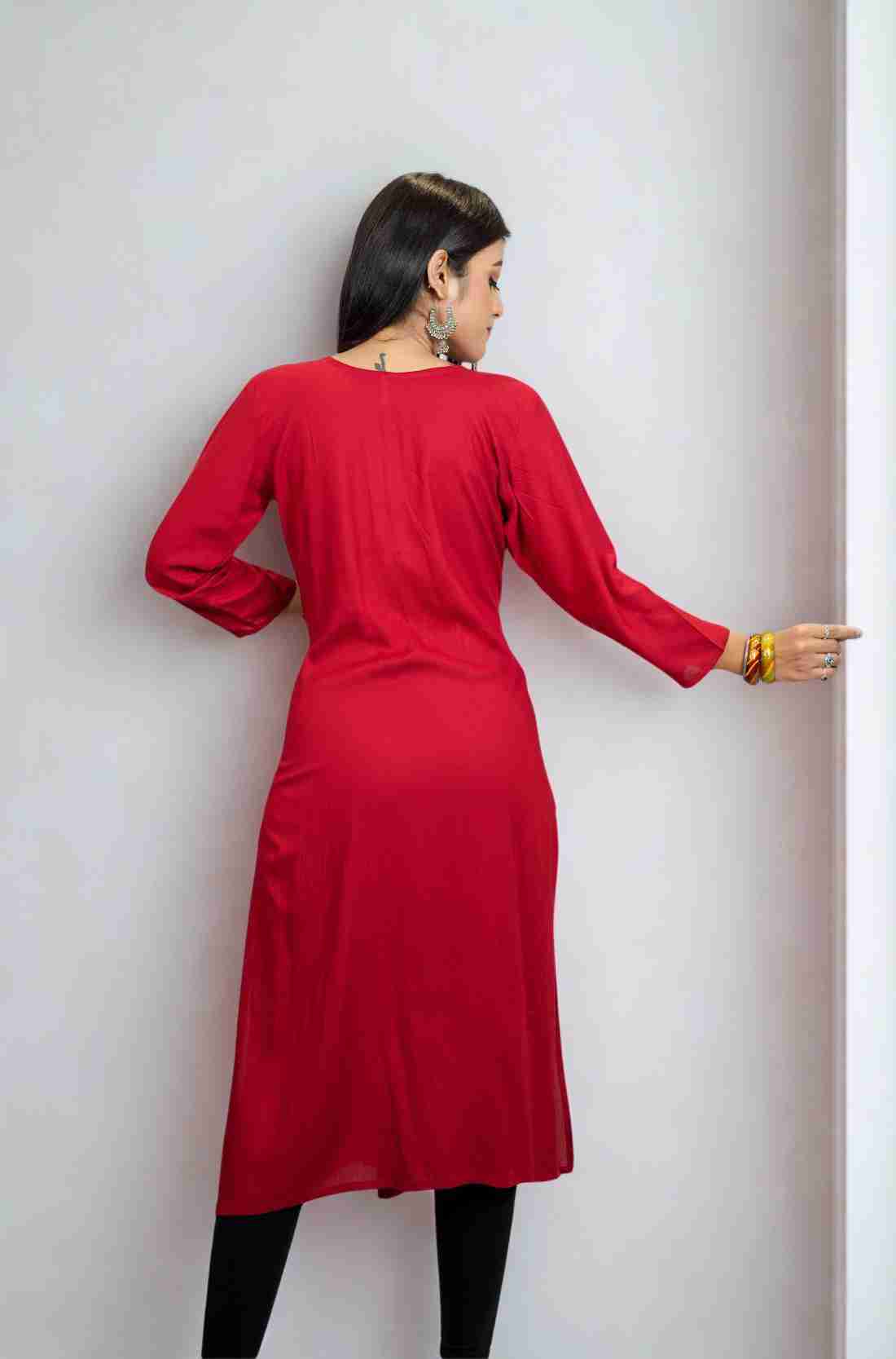 Red Rayon Hand Embroidered Kurta β Back View