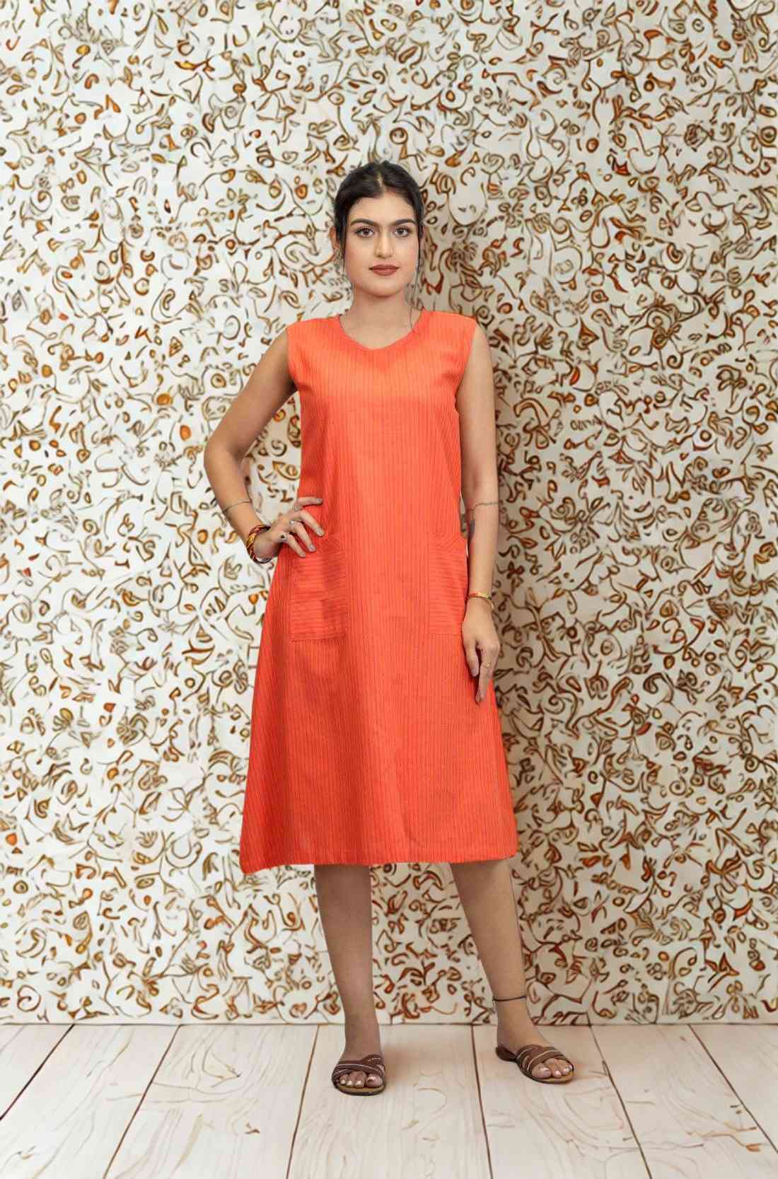 Full View β Sleeveless Orange A-Line Kurta with Pocket Detailing