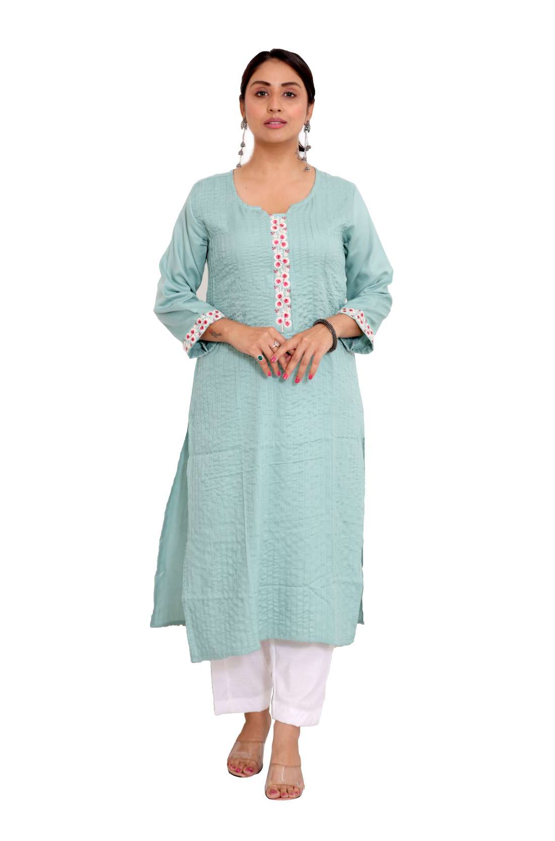 Pintucks embroidered kurta
