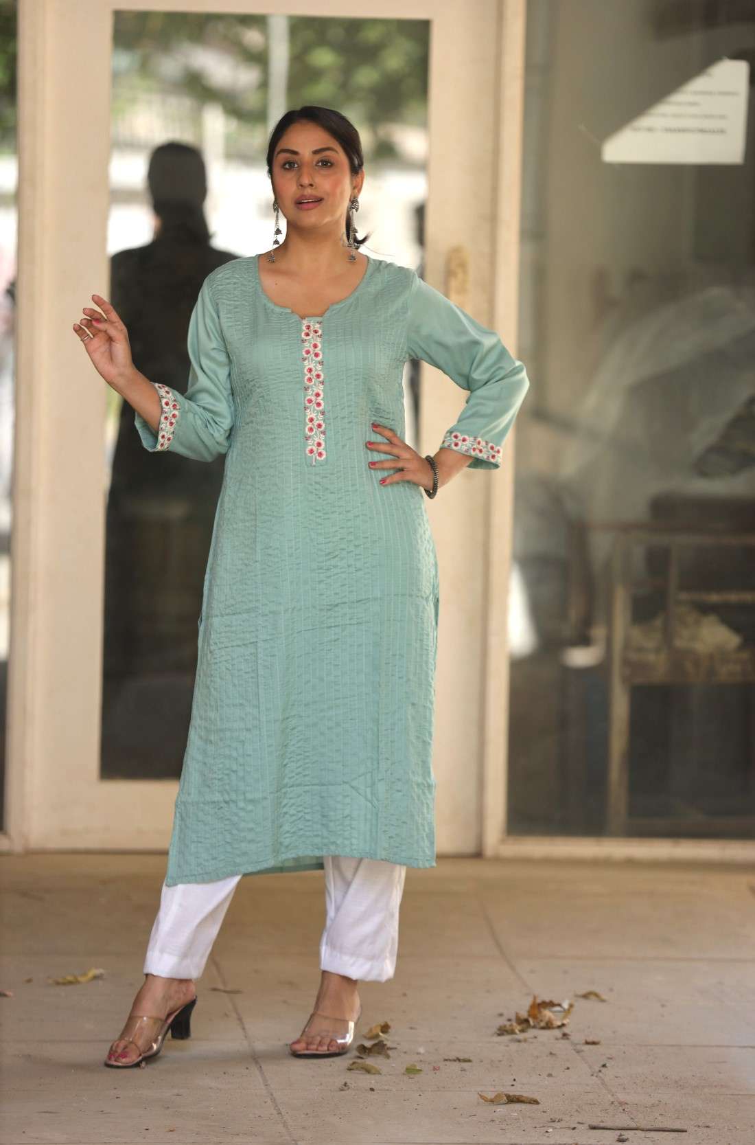 Pintucks embroidered kurta