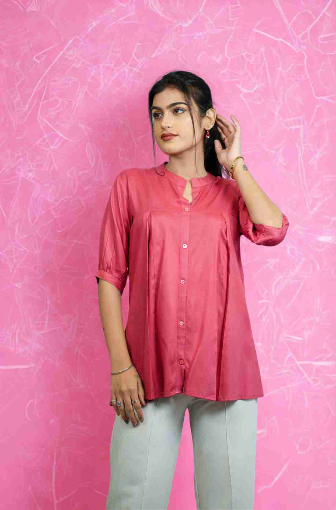 Dark Peach Rayon Pleated Shirt β Front View