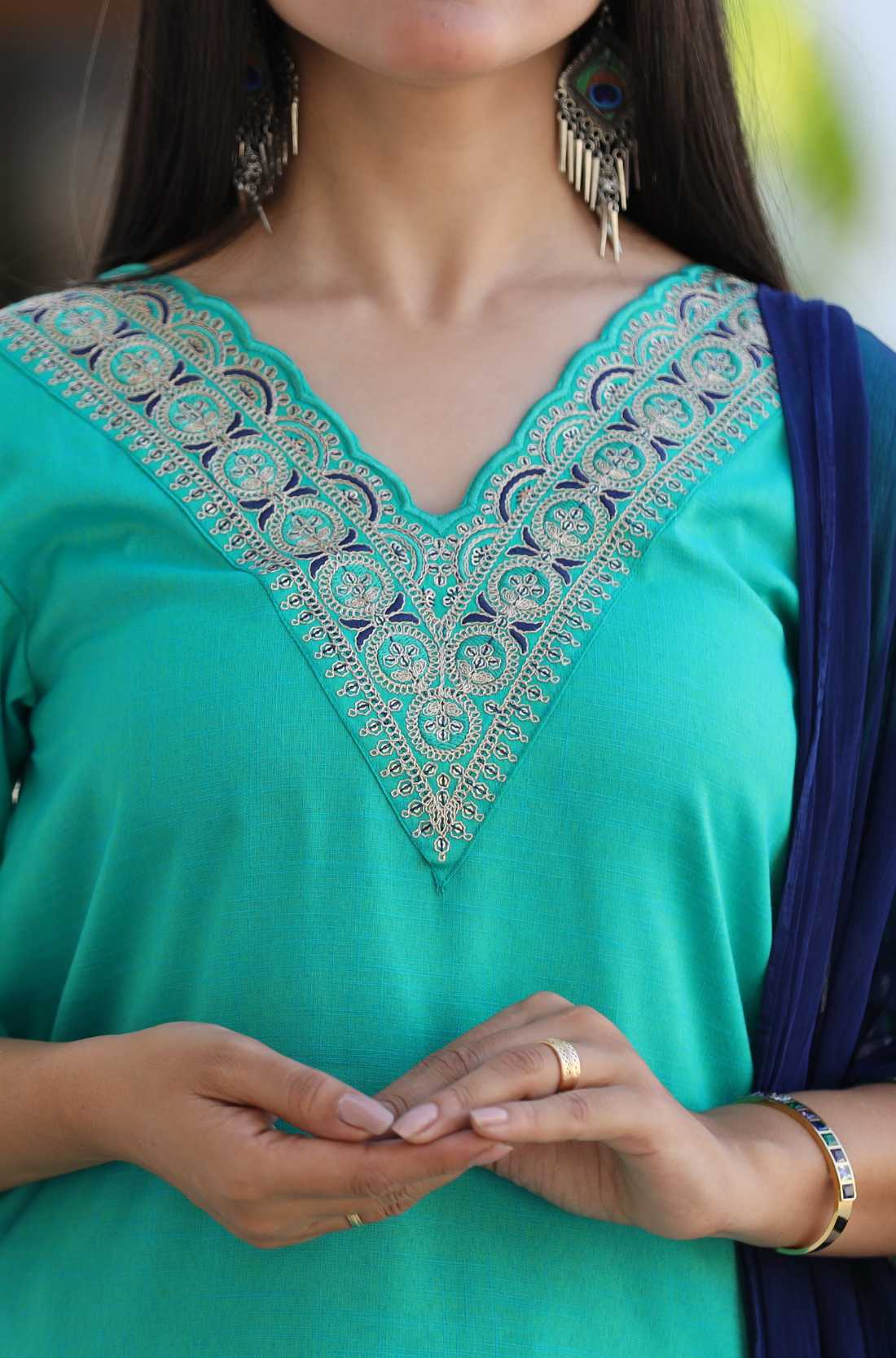 Rama green embroidered kurta set β Detailing view