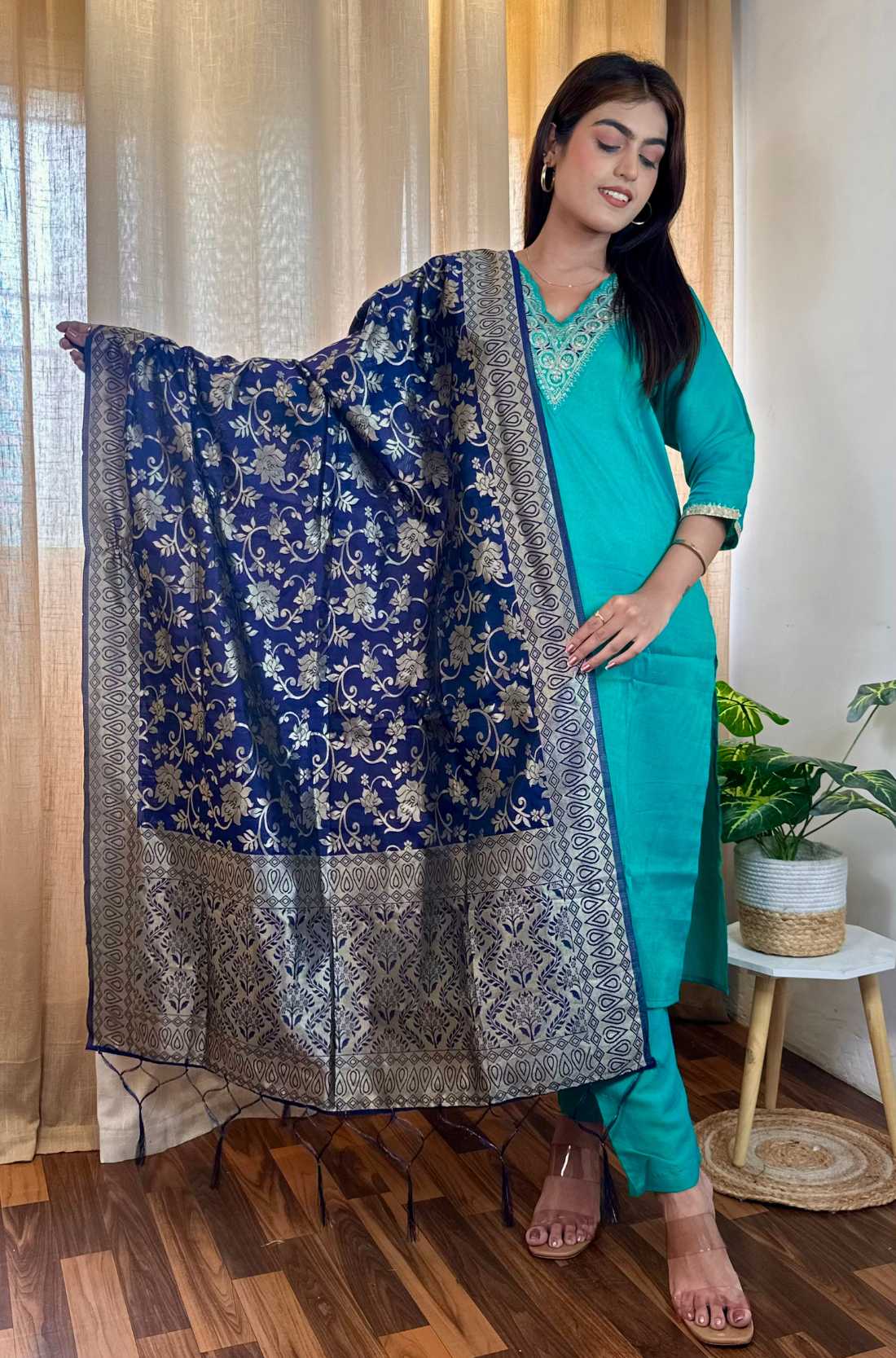 Rama Green Embroidered Rayon Kurta Set with Dupatta β Front View