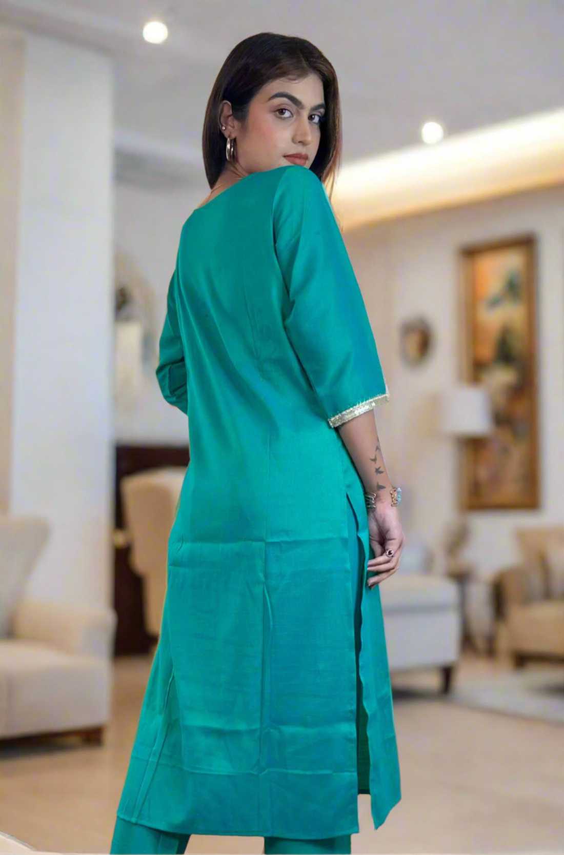 Rama Green Embroidered Kurta Set β Back View