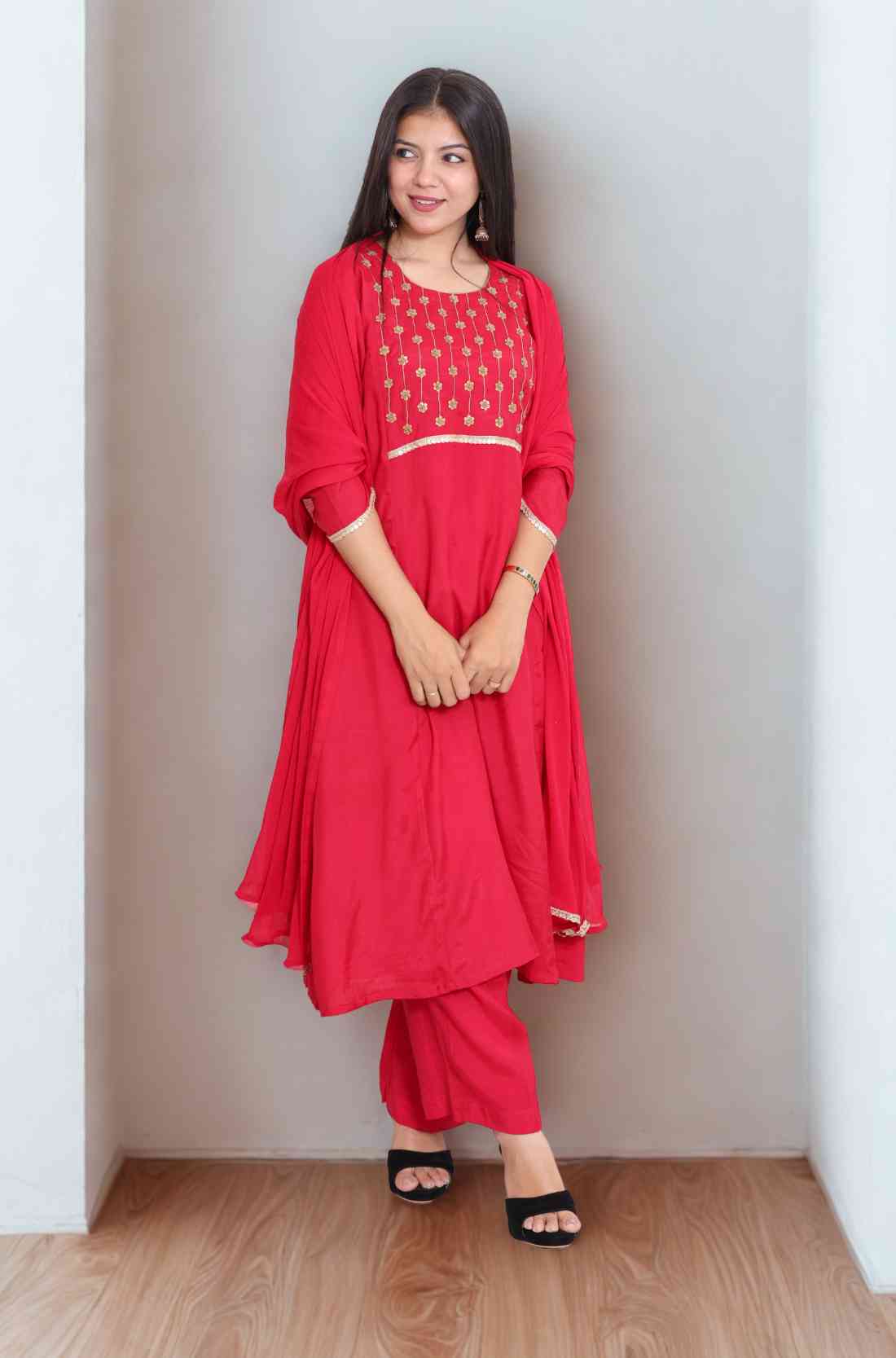 Red Silk Kurta with 3/4 Sleeves β Full-Length View