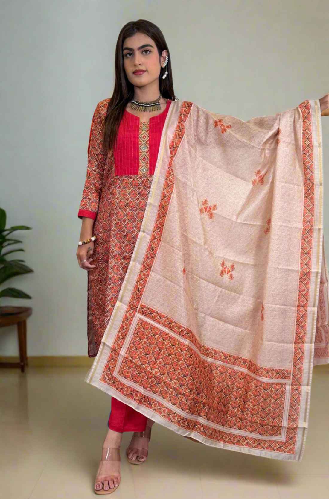 Full Front View with Dupatta and Heels β Pashmina Silk Kurta Set