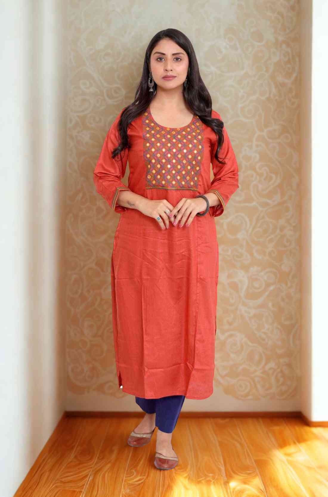 Rust Embrodered Straight Kurta β Full-Length View