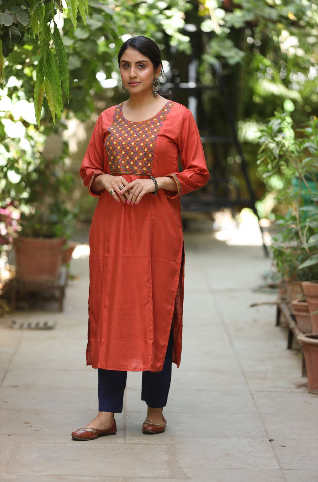 Rust Embroidered Straight Kurta β Front View