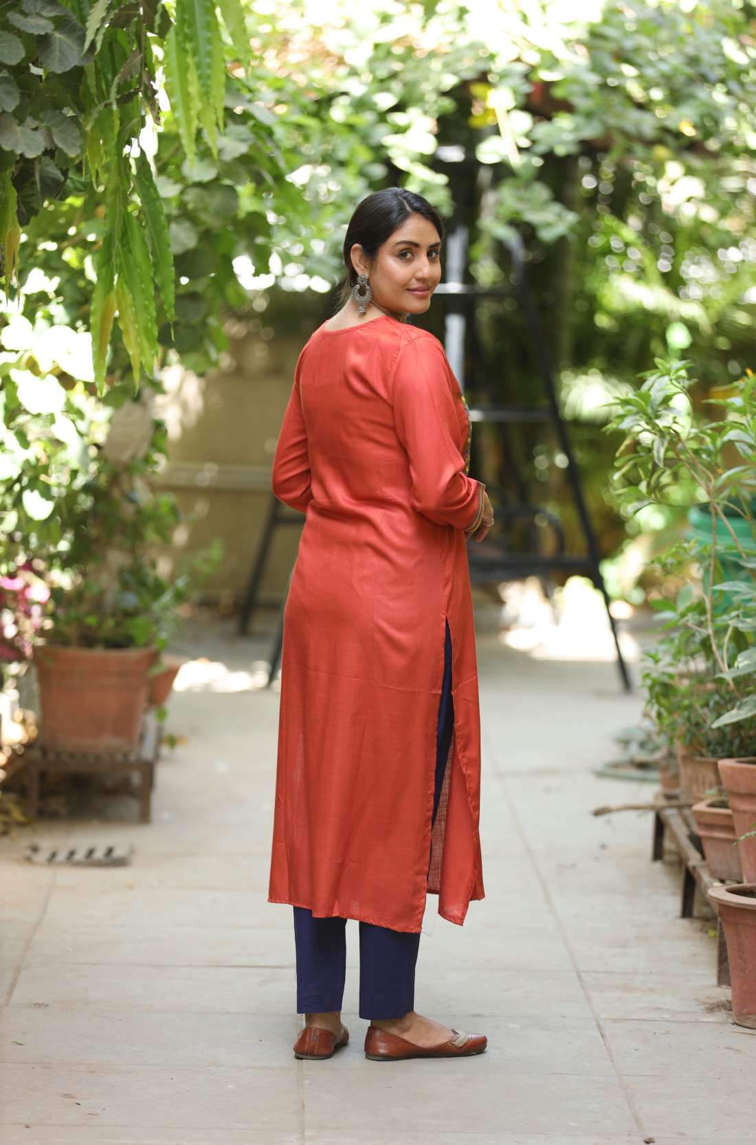 Rust Embroidered Straight Kurta β Back View